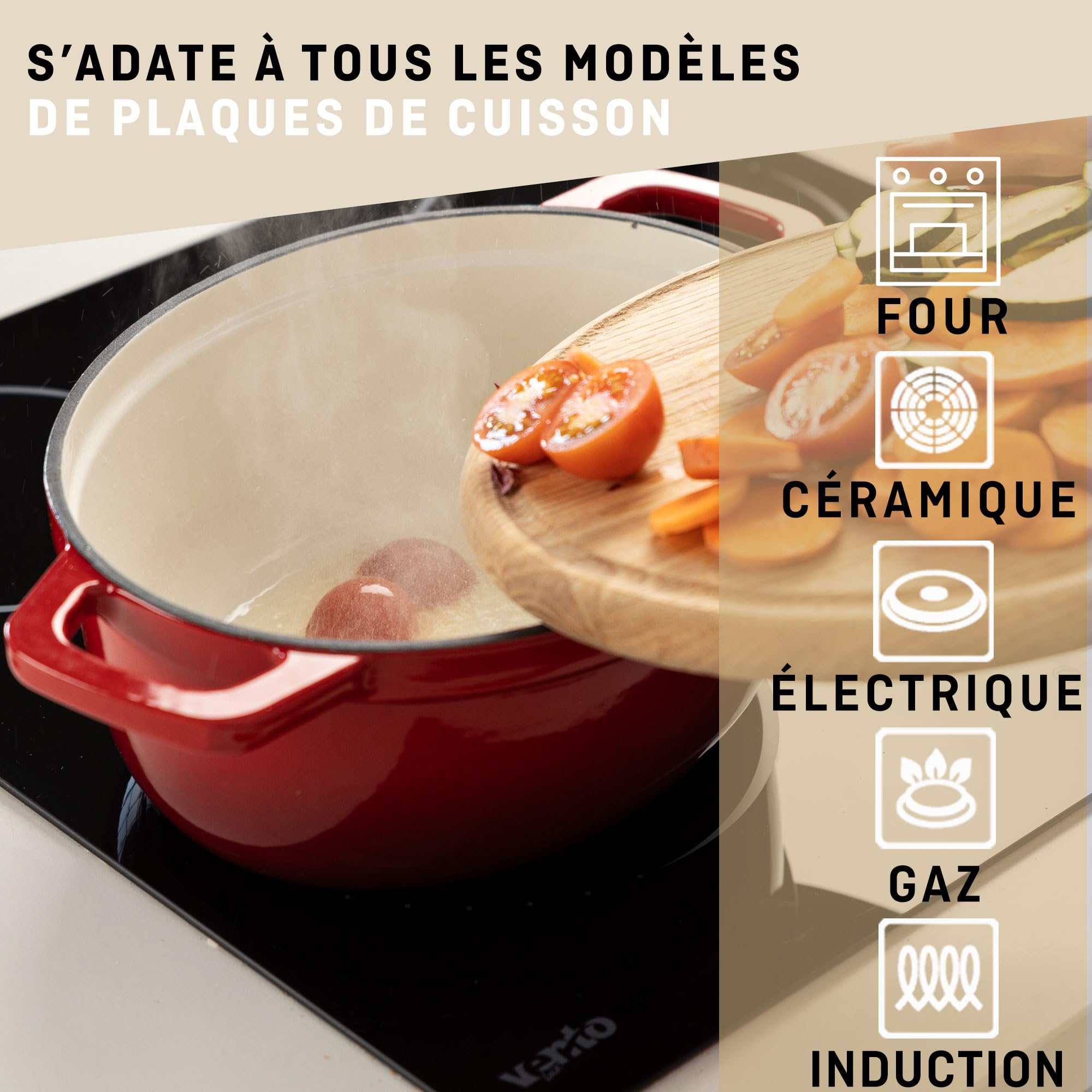 Cocotte Fonte Émaillée VeoHome Rouge 6L Ø28cm, Faitout Ultra Résistant,Marmite Compatible Induction/Gaz/Four, Cuisson Homogène, Saveurs Authentiques, Couvercle Relief