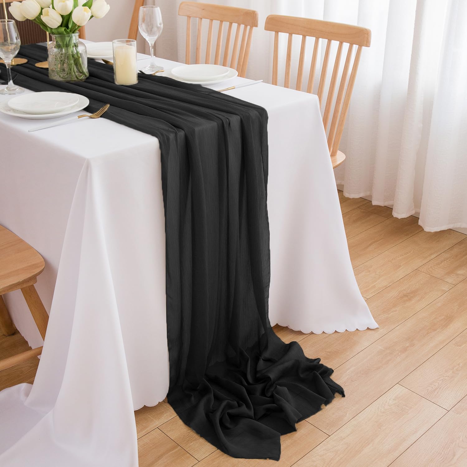 Chemin de table en mousseline de soie - Vert sauge - Décoration de table bohème - 70 cm x 3 m