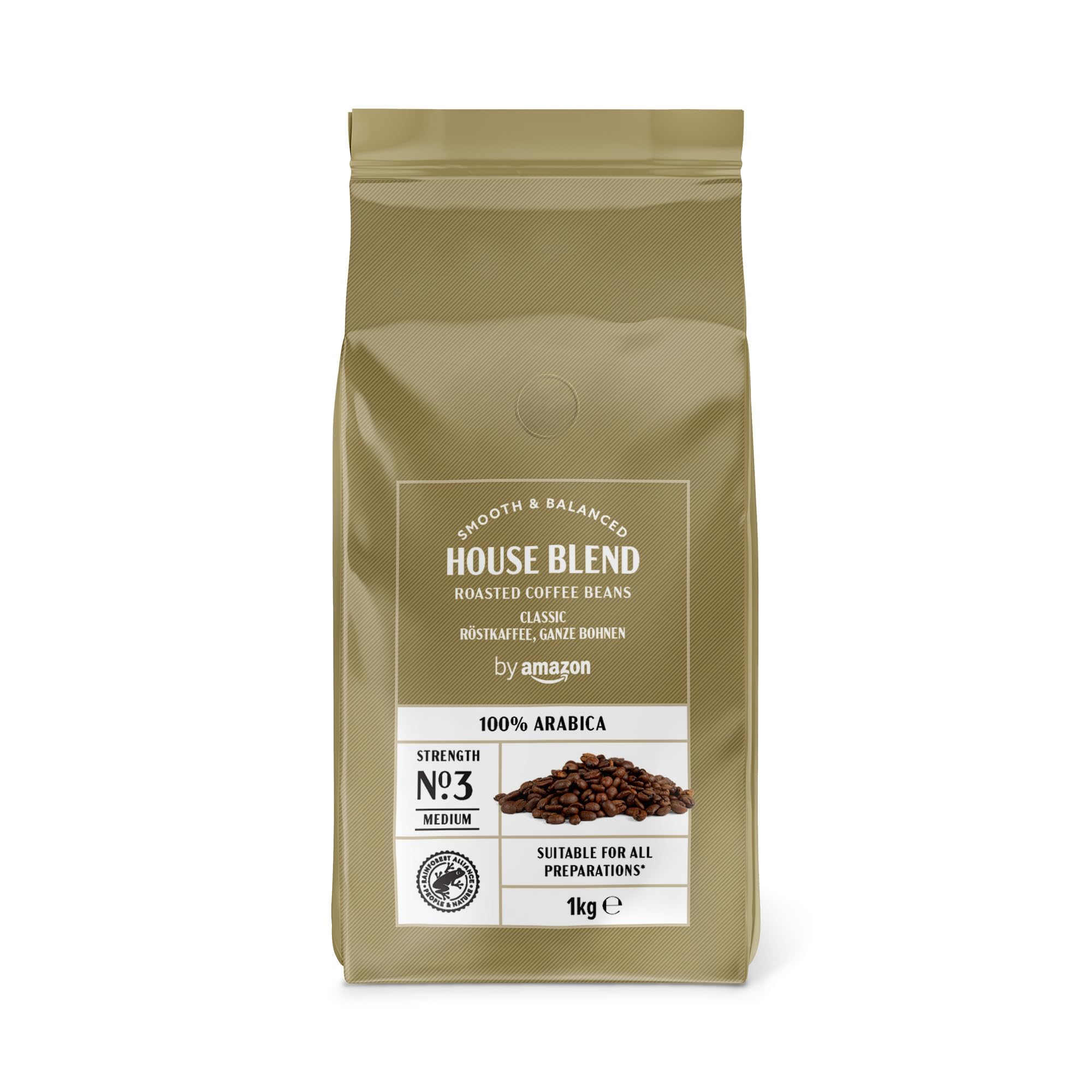 by Amazon House Blend Grains de café , torréfaction moyennement poussée, 100% Arabica, 1 kg, lot de 1, Certifiés Rainforest Alliance