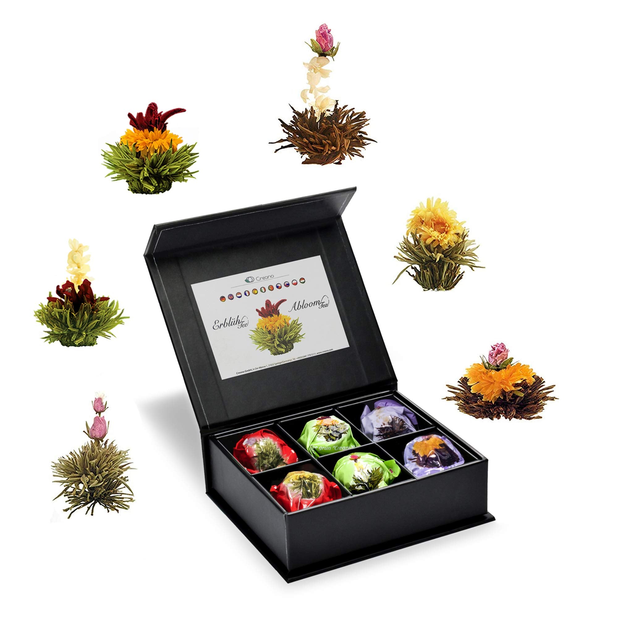 Creano Coffret Cadeau avec Fleurs de Thé dans Une Boîte Magnétique - Thé Blanc, Noir, Vert - 6 Fleurs de Thé avec 6 Sortes différentes