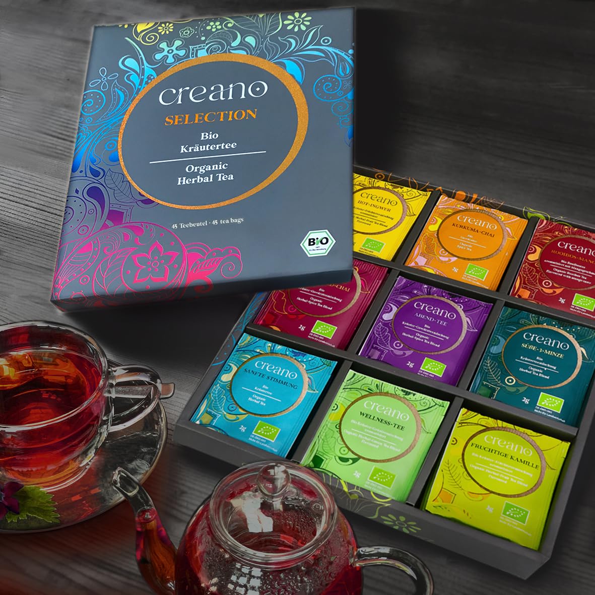 Creano Infusion aux fruits bio - Coffret cadeau - 27 sachets de thé bio en 9 variétés magnifiques - 54g*
