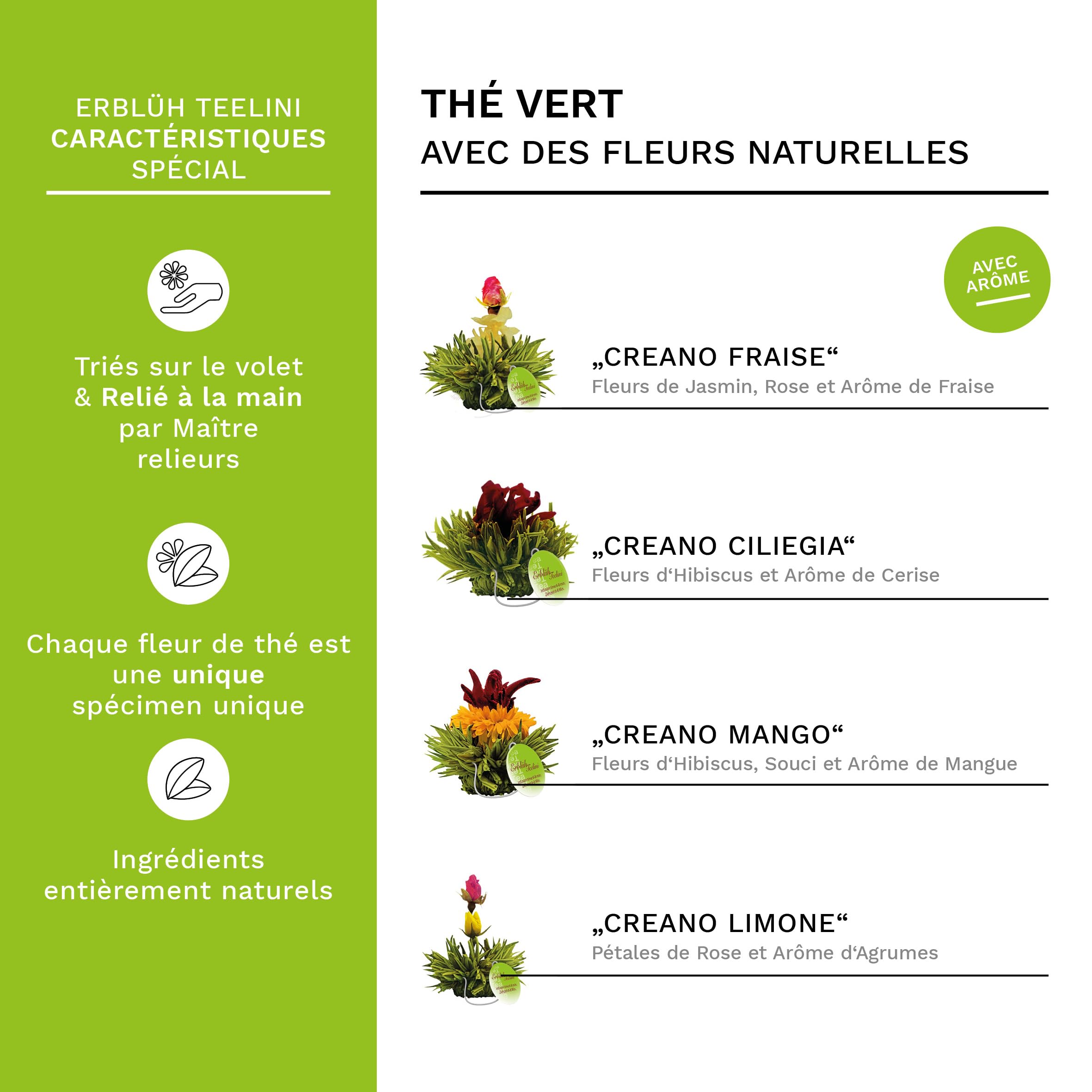 Creano Coffret Cadeau avec Fleurs de Thé dans Une Boîte Magnétique - Thé Blanc, Noir, Vert - 6 Fleurs de Thé avec 6 Sortes différentes