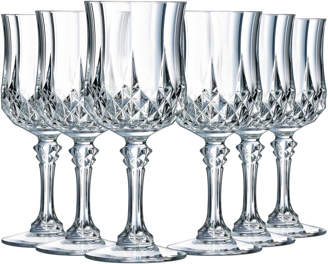 Cristal d'Arques Paris - Collection Longchamp - 6 Verres à vin 17 cl en Kwarx - Brillance, Transparence et Haute Résistance - Moulures Iconiques - Fabriqués en France