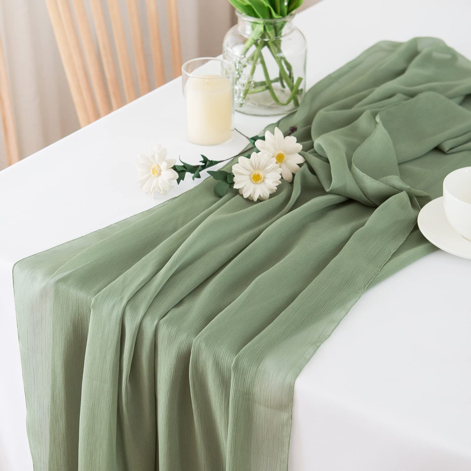 Chemin de table en mousseline de soie - Vert sauge - Décoration de table bohème - 70 cm x 3 m