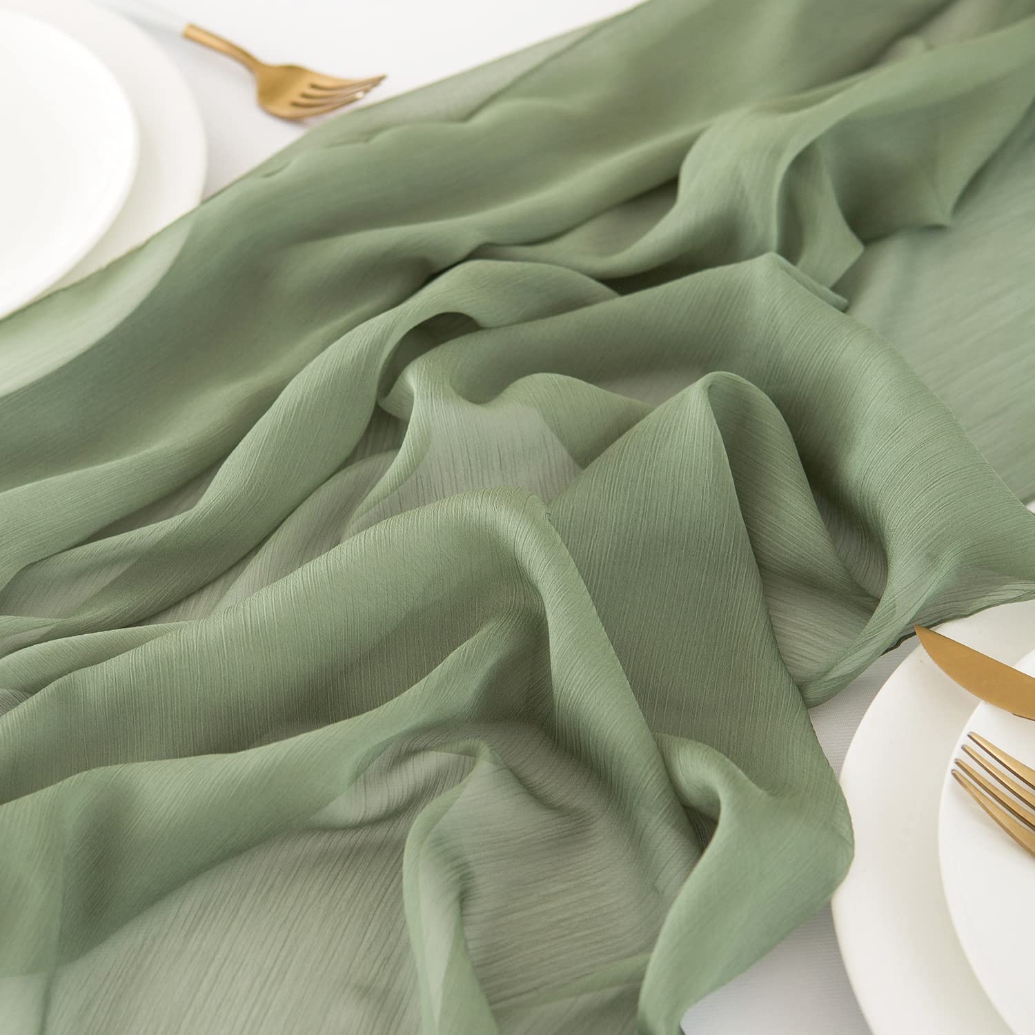 Chemin de table en mousseline de soie - Vert sauge - Décoration de table bohème - 70 cm x 3 m