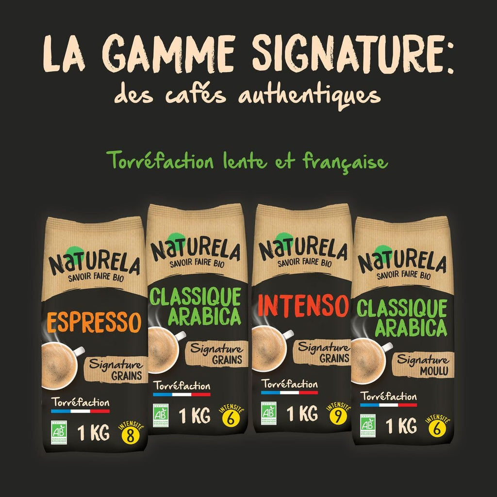 NATURELA - Café Grains Bio - Classique Arabica - 100% Arabica - Gamme Signature - Torréfaction Lente - Fabriqué en France - 1 kg