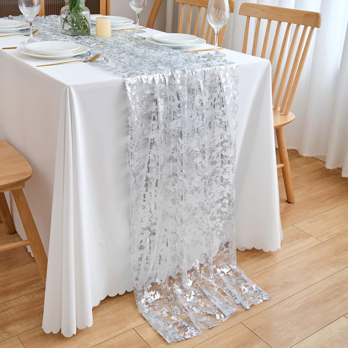 Chemin de table en mousseline de soie - Vert sauge - Décoration de table bohème - 70 cm x 3 m