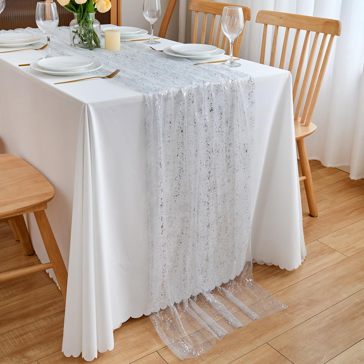 Chemin de table en mousseline de soie - Vert sauge - Décoration de table bohème - 70 cm x 3 m