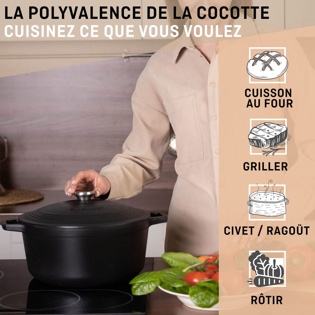 Cocotte Fonte Émaillée VeoHome Rouge 6L Ø28cm, Faitout Ultra Résistant,Marmite Compatible Induction/Gaz/Four, Cuisson Homogène, Saveurs Authentiques, Couvercle Relief
