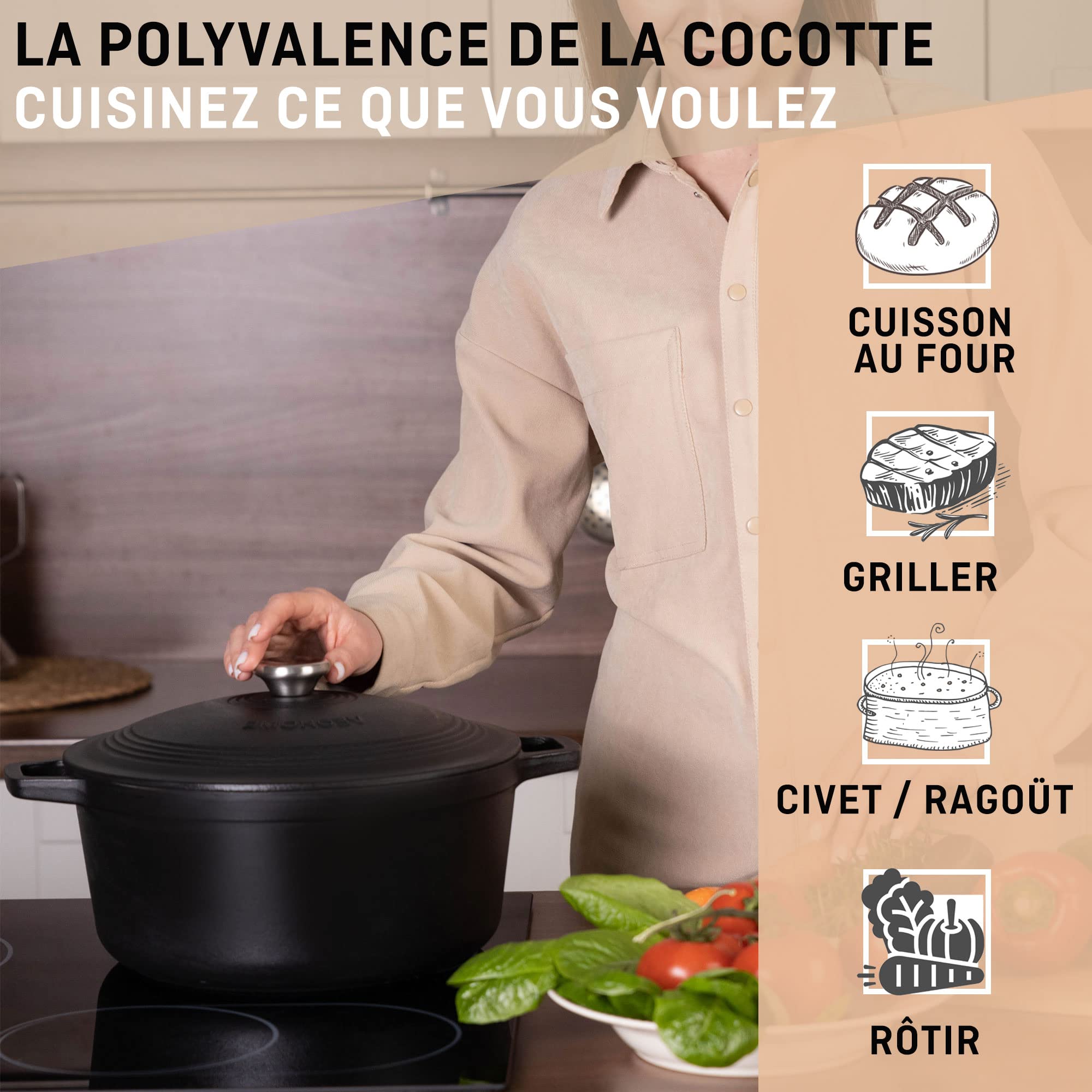 Cocotte Fonte Émaillée VeoHome Rouge 6L Ø28cm, Faitout Ultra Résistant,Marmite Compatible Induction/Gaz/Four, Cuisson Homogène, Saveurs Authentiques, Couvercle Relief