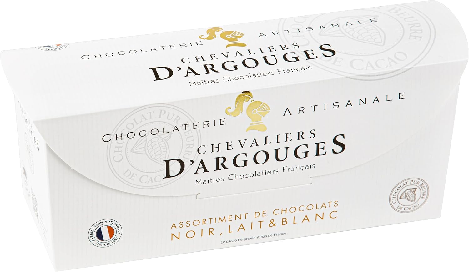 CHEVALIERS D'ARGOUGES Maîtres Chocolatiers Français - Assortiment de chocolats noir 70%, lait 33% et blanc - Ballotin dégustation 355g