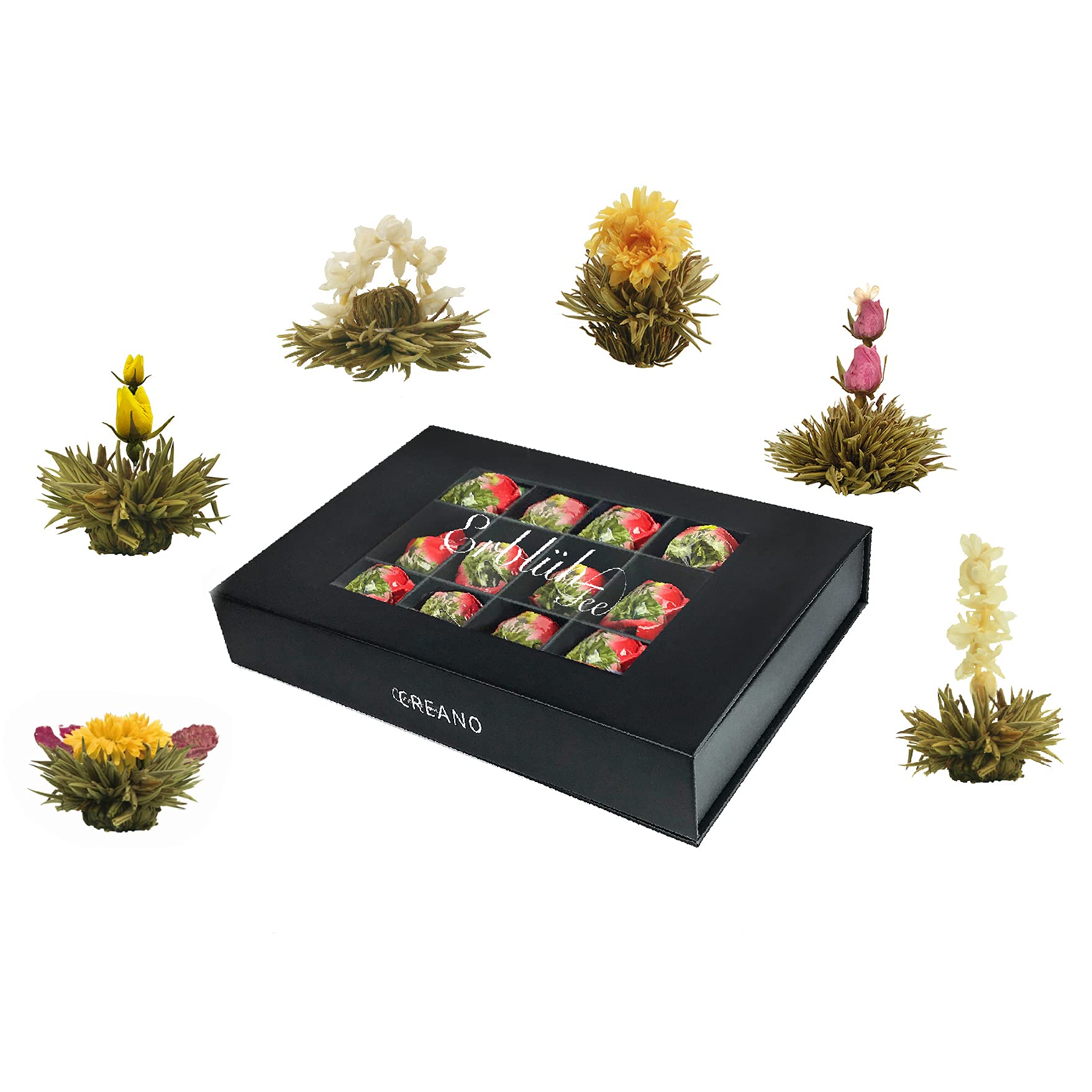 Creano Coffret Cadeau avec Fleurs de Thé dans Une Boîte Magnétique - Thé Blanc, Noir, Vert - 6 Fleurs de Thé avec 6 Sortes différentes