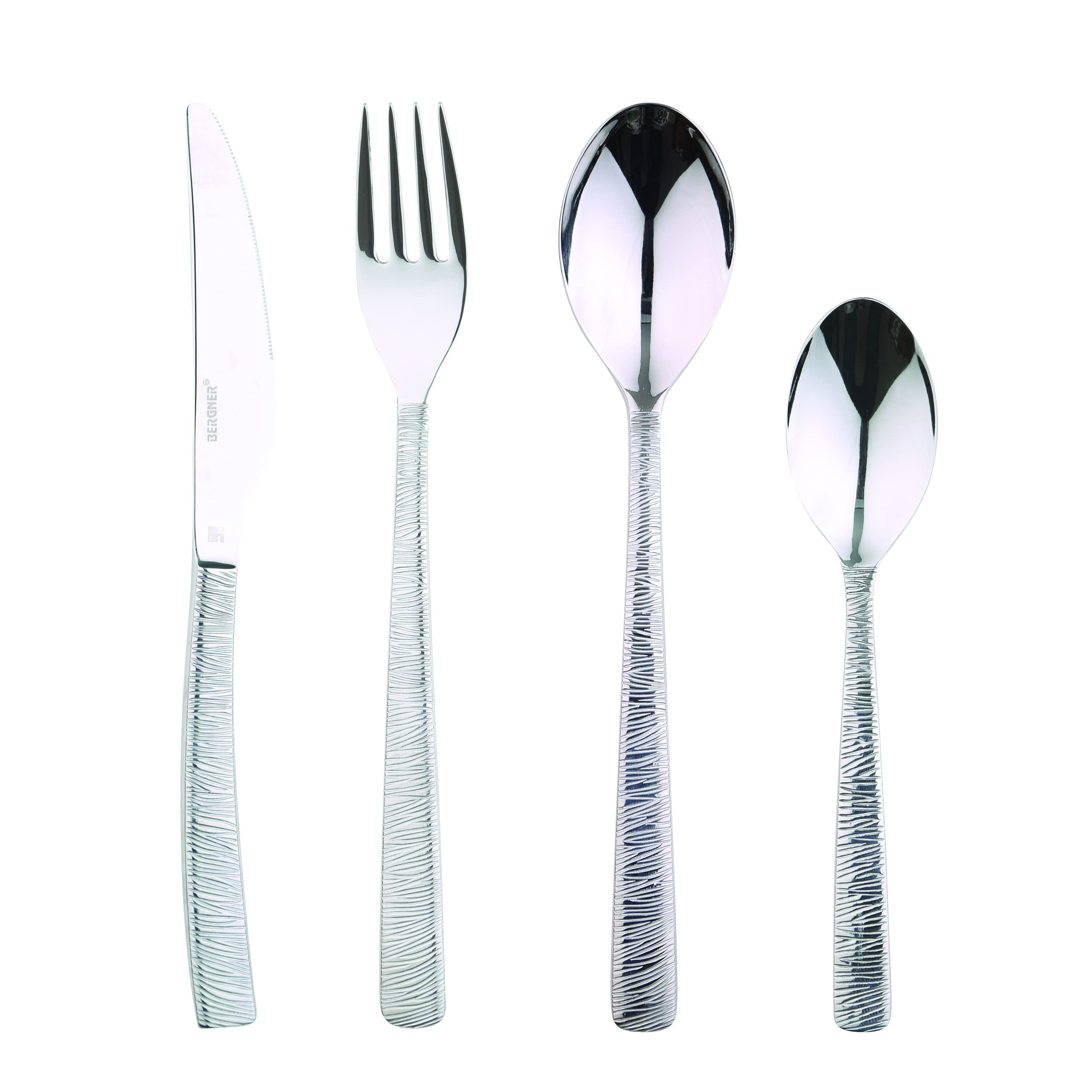BERGNER Lyon - Ensemble complet 24 couverts - 6 couteaux - 6 fourchettes - 6 cuillères - 6 cuillères à thé - En acier inoxydable robuste - Finition polie mate - Facile à laver