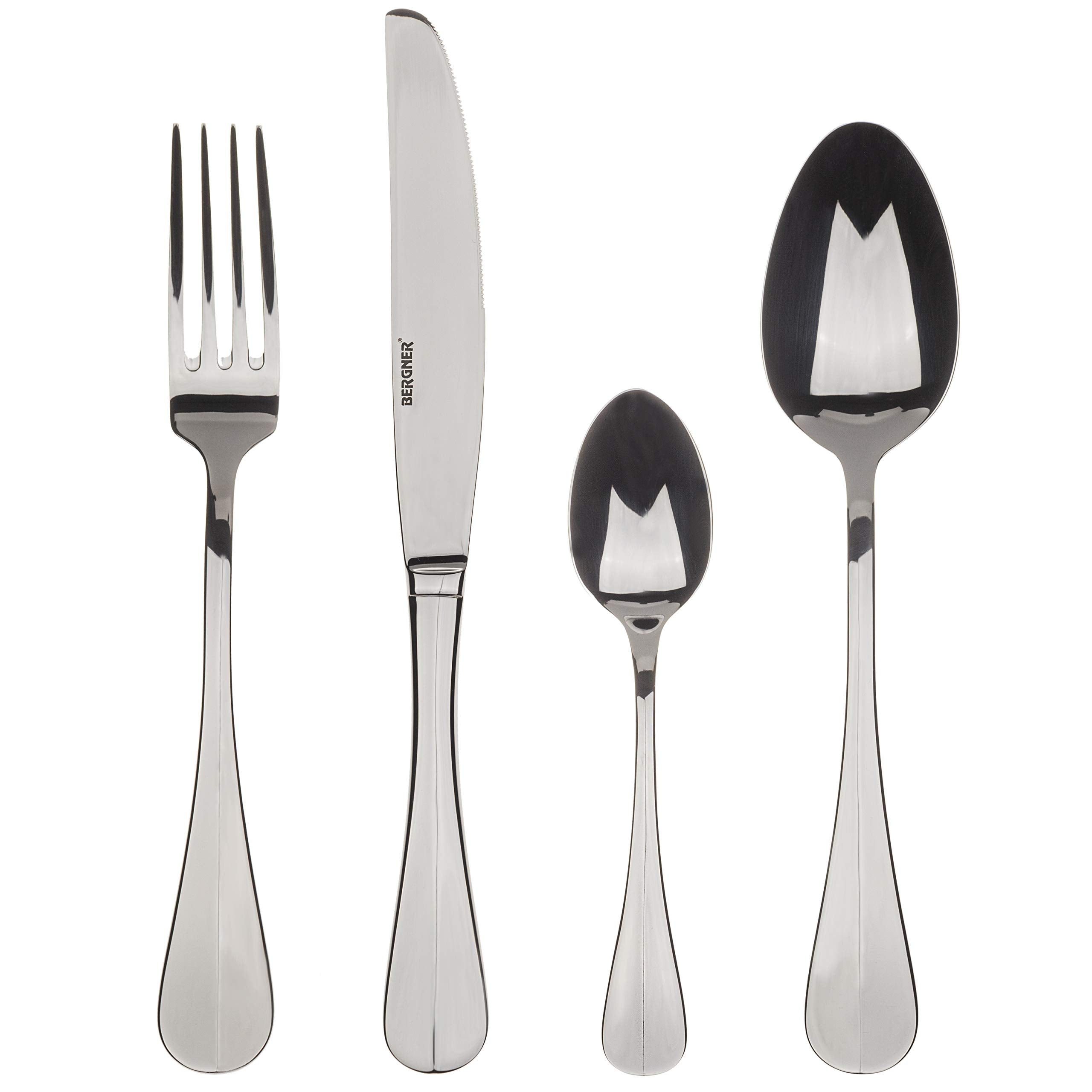 BERGNER Lyon - Ensemble complet 24 couverts - 6 couteaux - 6 fourchettes - 6 cuillères - 6 cuillères à thé - En acier inoxydable robuste - Finition polie mate - Facile à laver