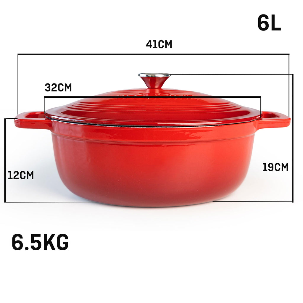 Cocotte Fonte Émaillée VeoHome Rouge 6L Ø28cm, Faitout Ultra Résistant,Marmite Compatible Induction/Gaz/Four, Cuisson Homogène, Saveurs Authentiques, Couvercle Relief