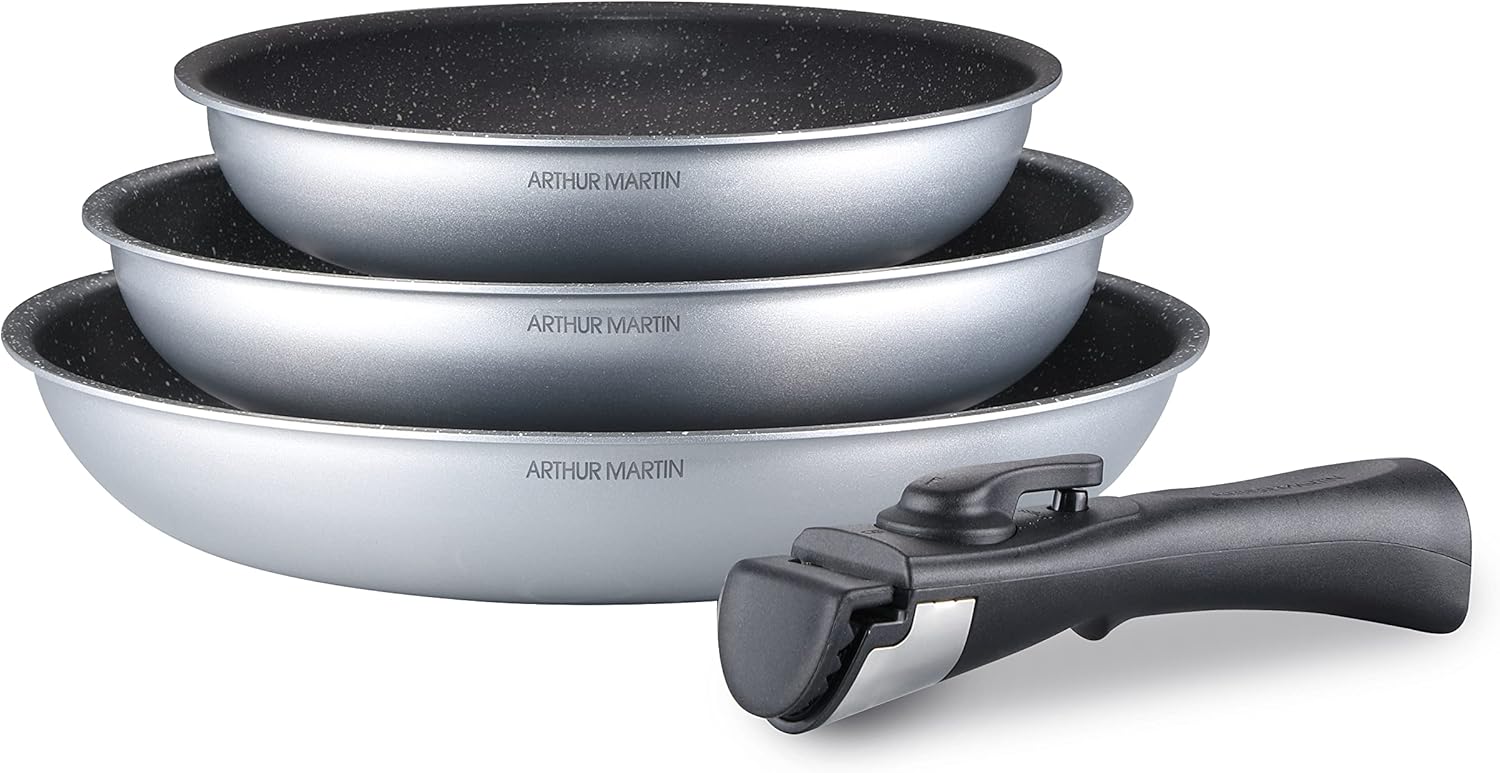 Arthur Martin AM521S Set de 3 Poêles 20-24-28 cm avec revetement anti adhérent Aluminium Poignée amovible Tous feux dont induction