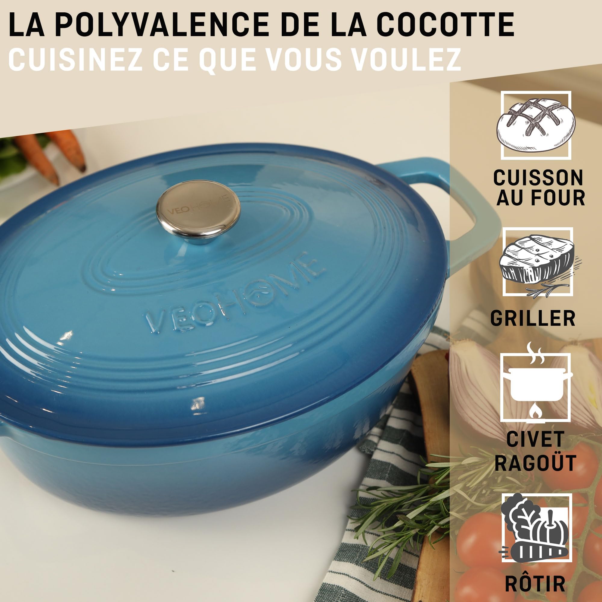 Cocotte Fonte Émaillée VeoHome Rouge 6L Ø28cm, Faitout Ultra Résistant,Marmite Compatible Induction/Gaz/Four, Cuisson Homogène, Saveurs Authentiques, Couvercle Relief