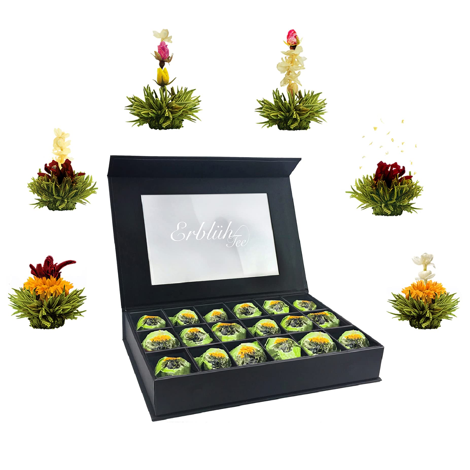 Creano Coffret Cadeau avec Fleurs de Thé dans Une Boîte Magnétique - Thé Blanc, Noir, Vert - 6 Fleurs de Thé avec 6 Sortes différentes