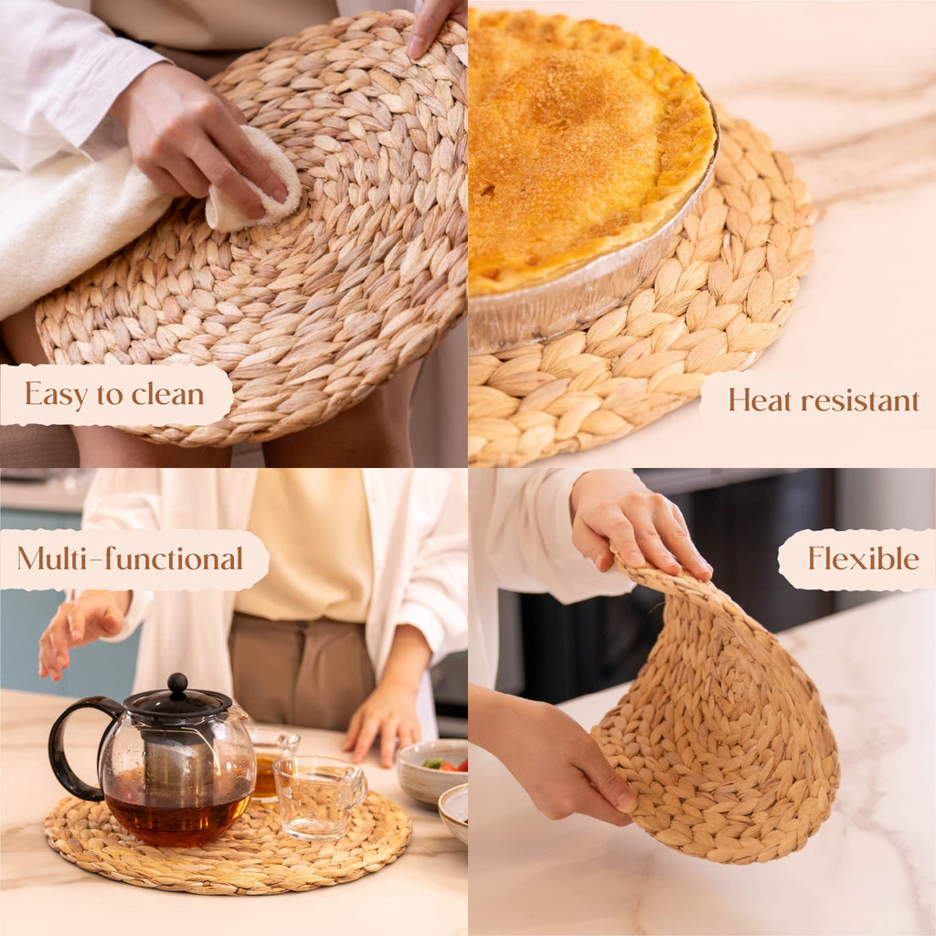 1.1.1. YANGQIHOME Set de Table Rond (Lot de 6) - Dessous de Plats en Jacinthe d'eau Naturelle et Paille Tressée pour Table de Salle à Manger (30 cm)