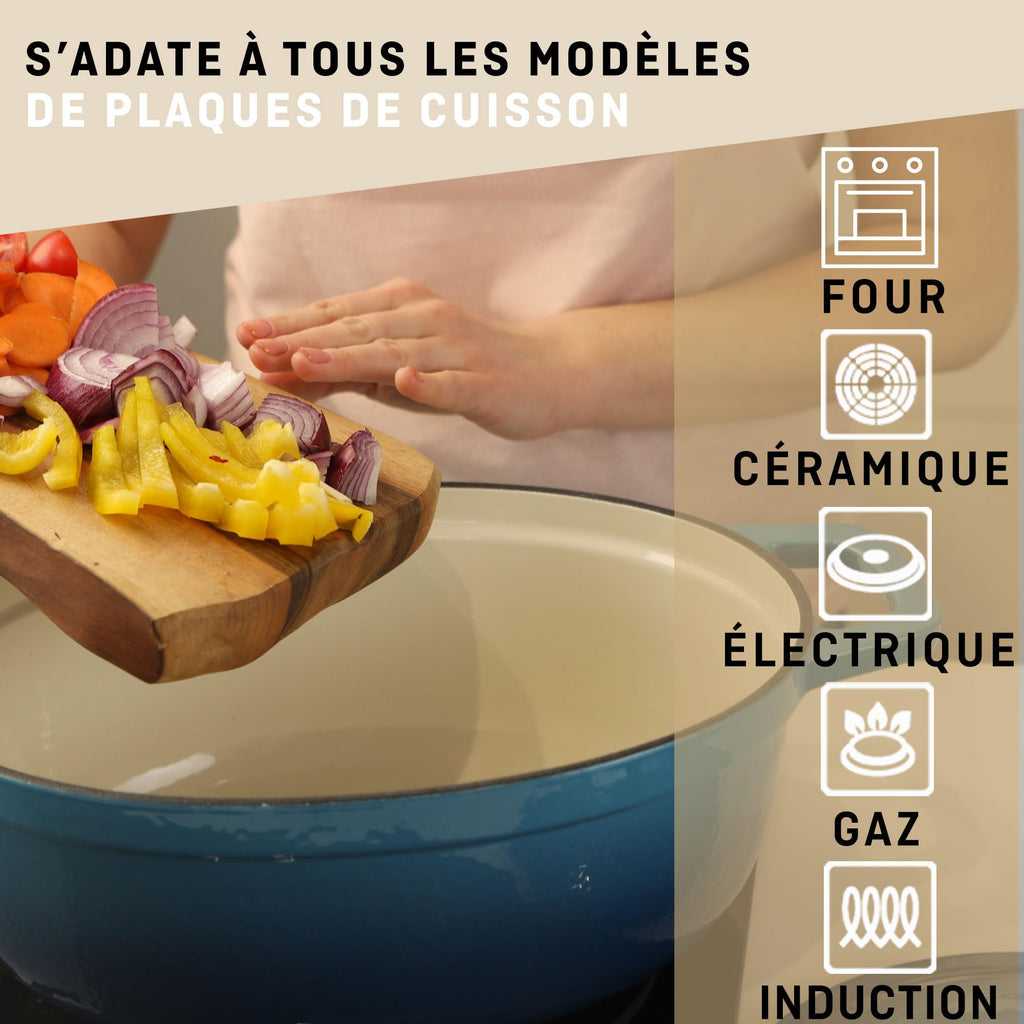 Cocotte Fonte Émaillée VeoHome Rouge 6L Ø28cm, Faitout Ultra Résistant,Marmite Compatible Induction/Gaz/Four, Cuisson Homogène, Saveurs Authentiques, Couvercle Relief