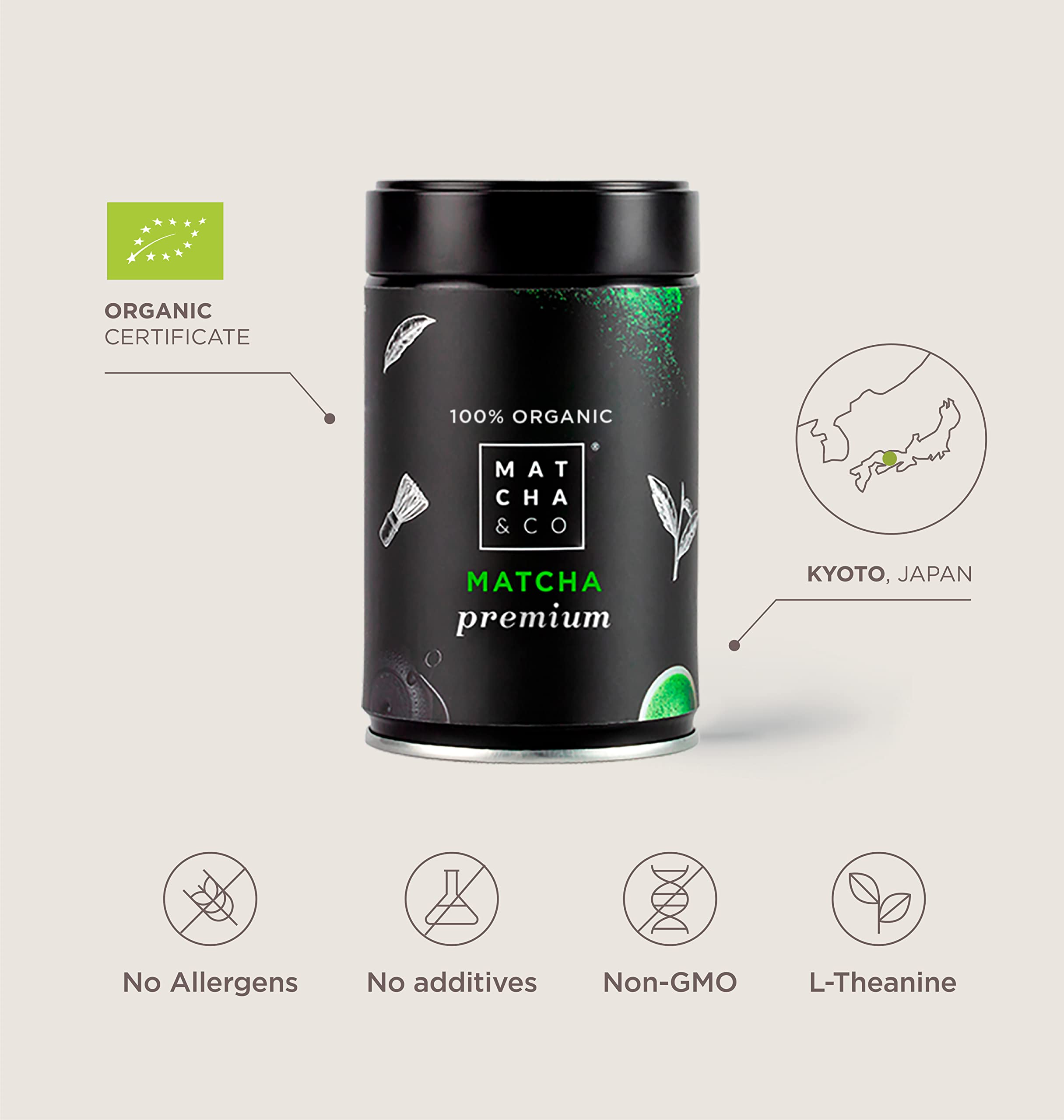 Matcha & CO Thé 100% biologique de qualité supérieure 80 g [qualité cérémonielle Premium]. Poudre de thé vert biologique du Japon. Thé biologique de qualité cérémonielle.