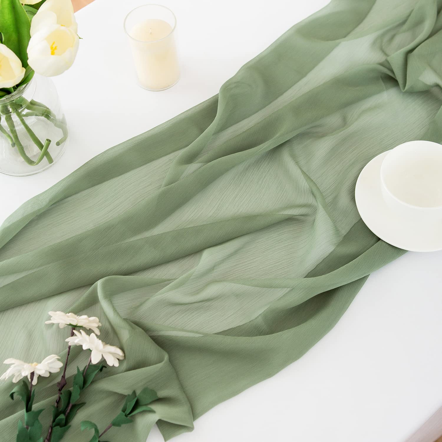 Chemin de table en mousseline de soie - Vert sauge - Décoration de table bohème - 70 cm x 3 m