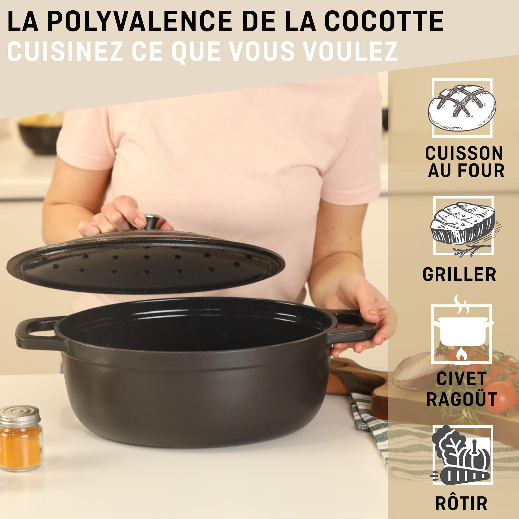 Cocotte Fonte Émaillée VeoHome Rouge 6L Ø28cm, Faitout Ultra Résistant,Marmite Compatible Induction/Gaz/Four, Cuisson Homogène, Saveurs Authentiques, Couvercle Relief