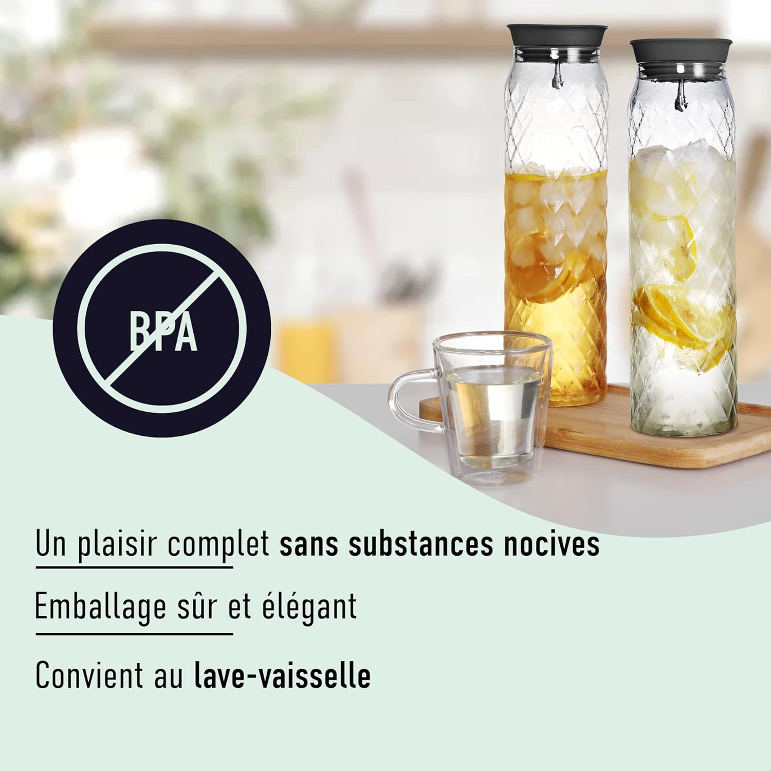 Carafe Eau en Verre Borosilicate Avec Couvercle - Pichet Pour Boissons Chaudes et Froides d'une Capacité 1.2L Avec Motif Unique en Diamant, Pichet à Boisson Pour Thé Glacé Maison et Jus