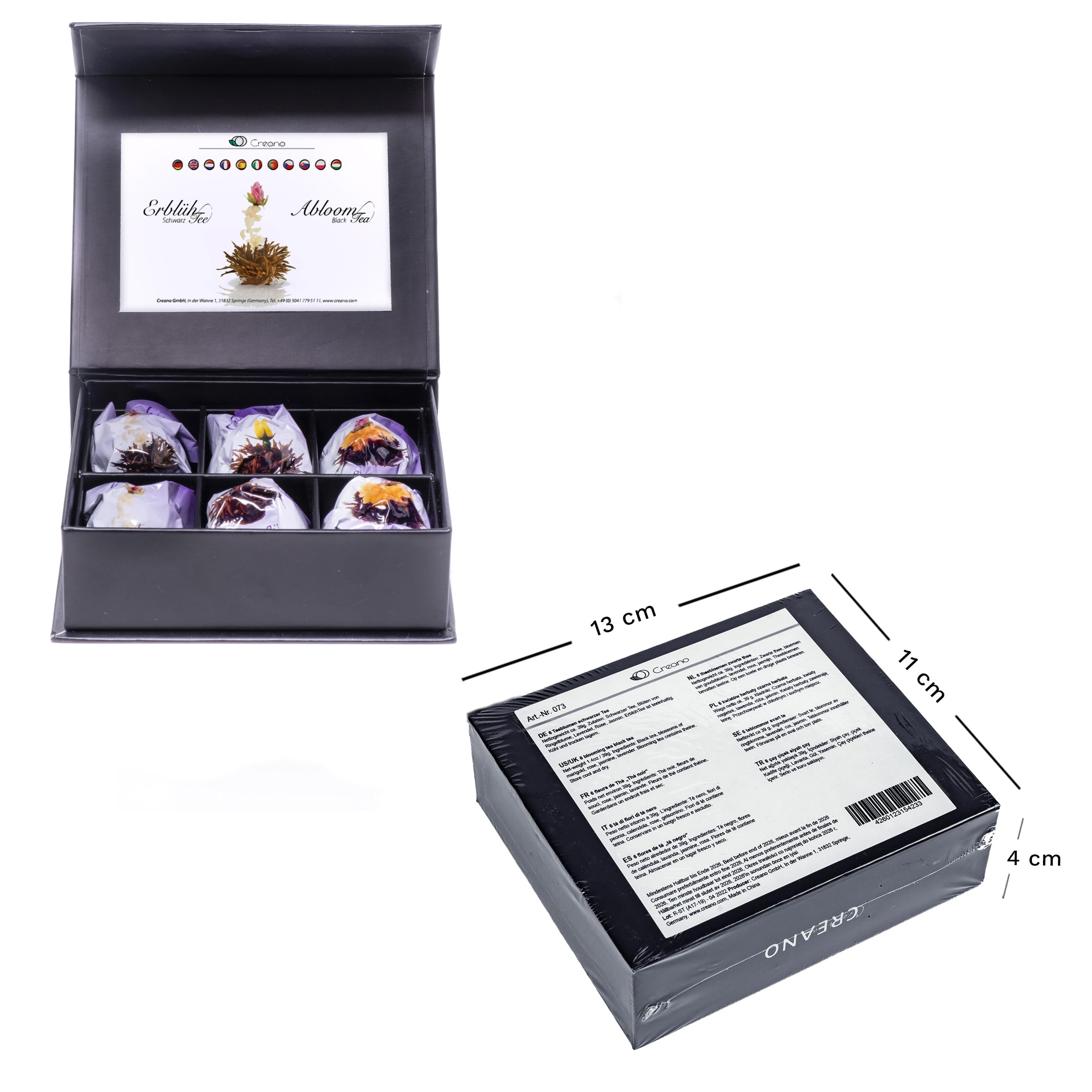Creano Coffret Cadeau avec Fleurs de Thé dans Une Boîte Magnétique - Thé Blanc, Noir, Vert - 6 Fleurs de Thé avec 6 Sortes différentes