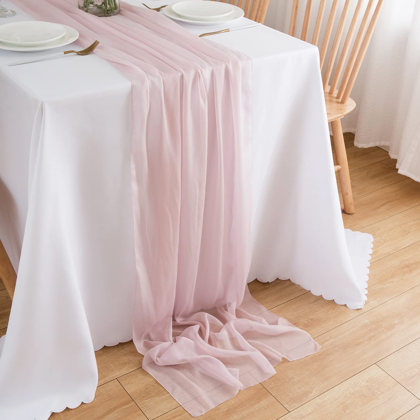 Chemin de table en mousseline de soie - Vert sauge - Décoration de table bohème - 70 cm x 3 m