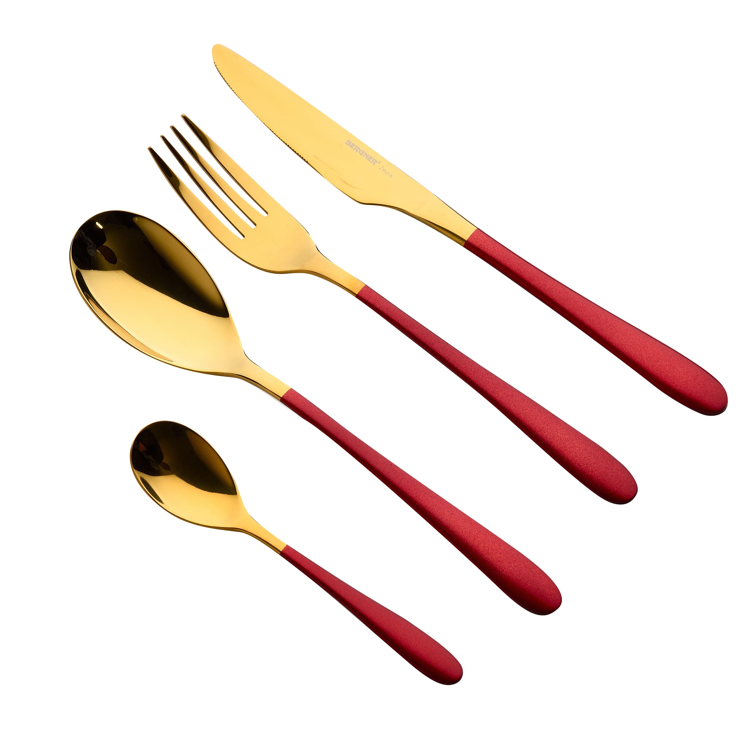 BERGNER Lyon - Ensemble complet 24 couverts - 6 couteaux - 6 fourchettes - 6 cuillères - 6 cuillères à thé - En acier inoxydable robuste - Finition polie mate - Facile à laver