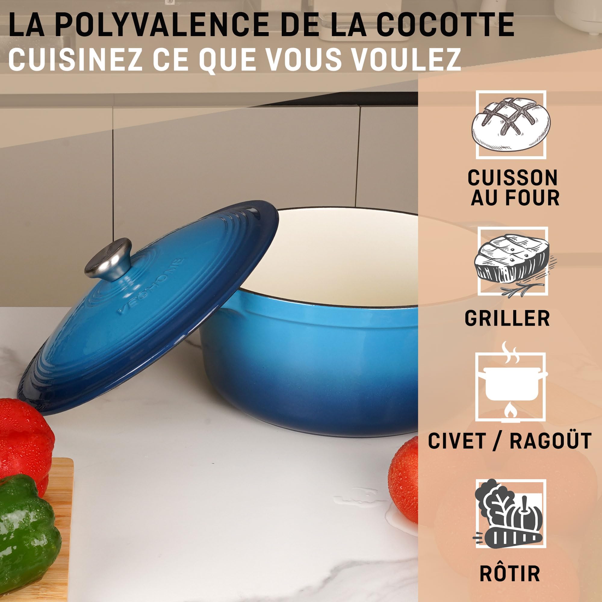 Cocotte Fonte Émaillée VeoHome Rouge 6L Ø28cm, Faitout Ultra Résistant,Marmite Compatible Induction/Gaz/Four, Cuisson Homogène, Saveurs Authentiques, Couvercle Relief