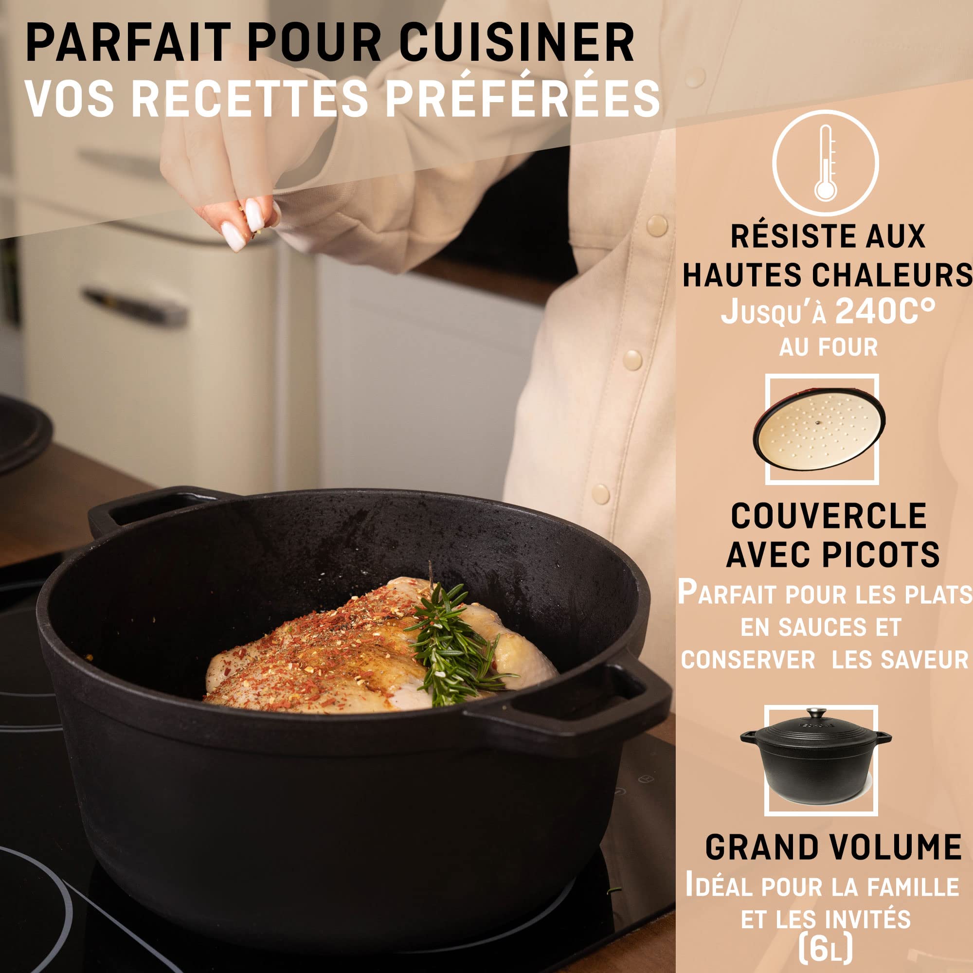 Cocotte Fonte Émaillée VeoHome Rouge 6L Ø28cm, Faitout Ultra Résistant,Marmite Compatible Induction/Gaz/Four, Cuisson Homogène, Saveurs Authentiques, Couvercle Relief