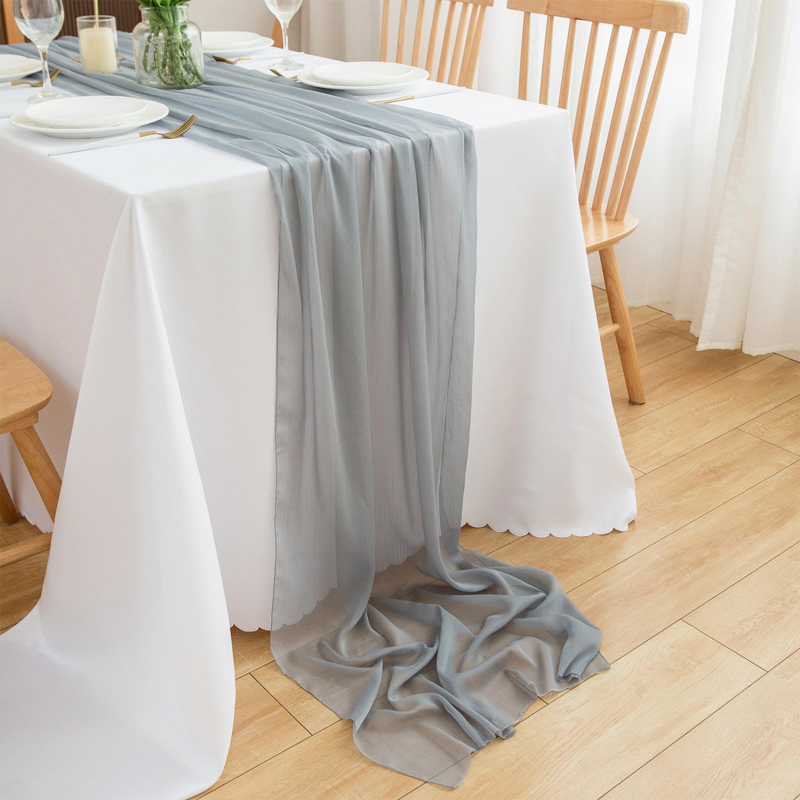 Chemin de table en mousseline de soie - Vert sauge - Décoration de table bohème - 70 cm x 3 m