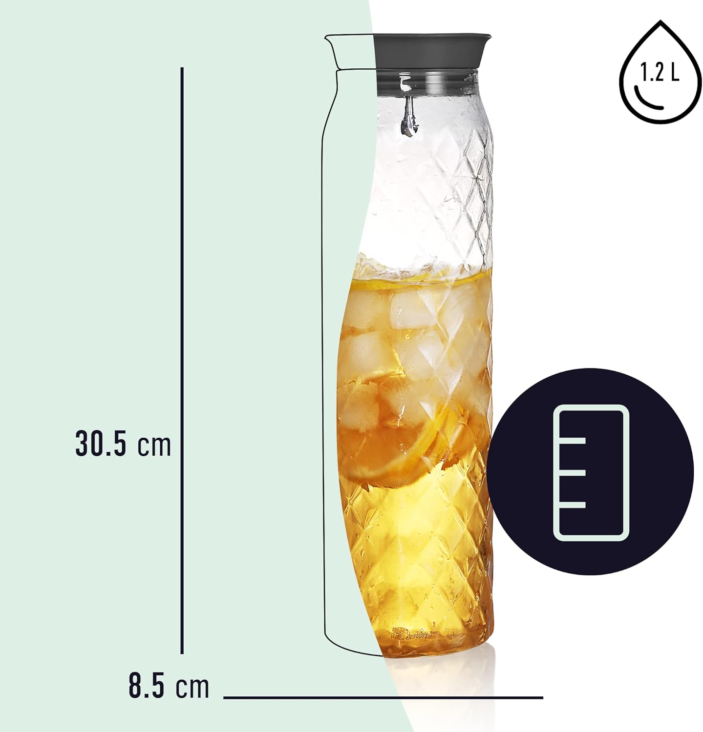 Carafe Eau en Verre Borosilicate Avec Couvercle - Pichet Pour Boissons Chaudes et Froides d'une Capacité 1.2L Avec Motif Unique en Diamant, Pichet à Boisson Pour Thé Glacé Maison et Jus