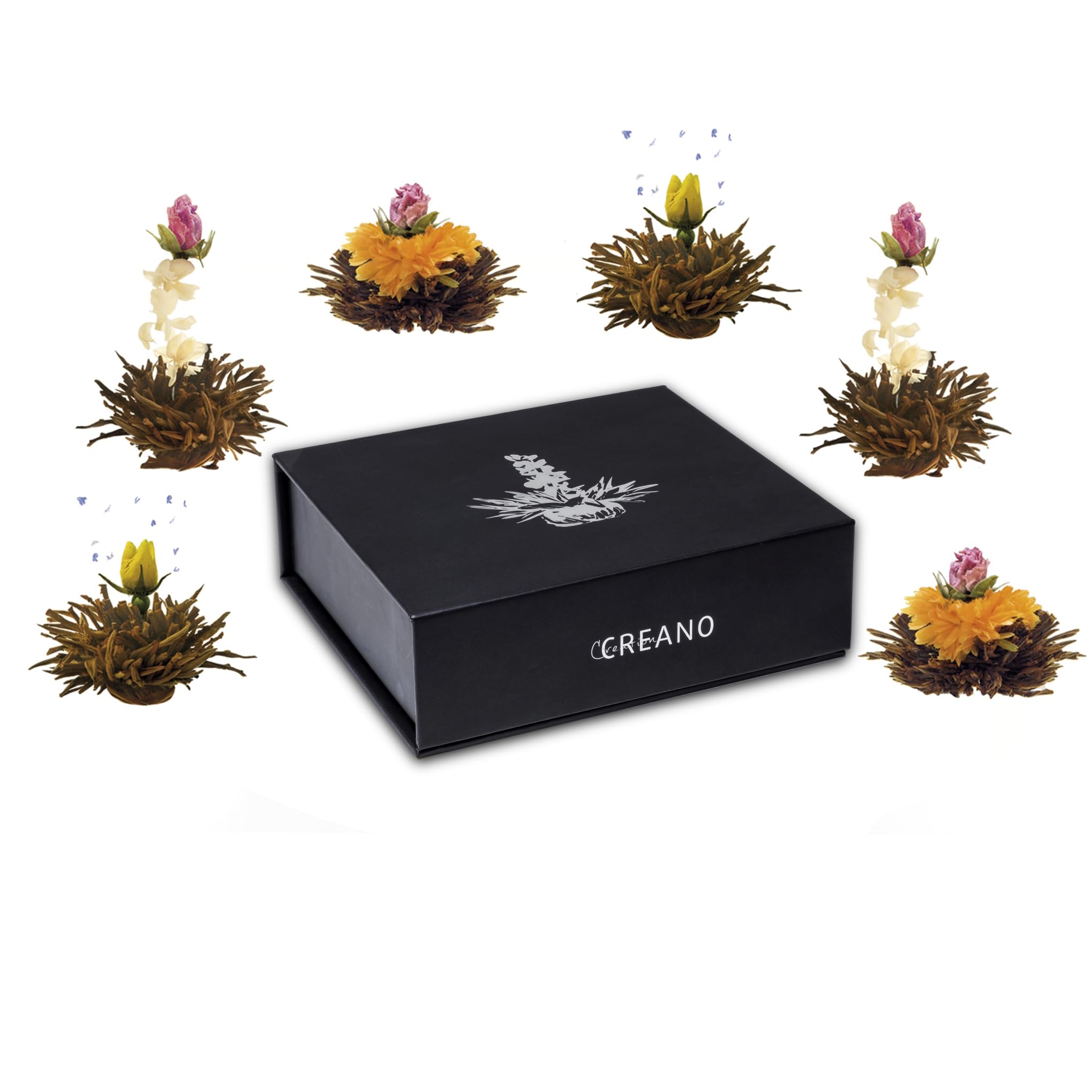 Creano Coffret Cadeau avec Fleurs de Thé dans Une Boîte Magnétique - Thé Blanc, Noir, Vert - 6 Fleurs de Thé avec 6 Sortes différentes