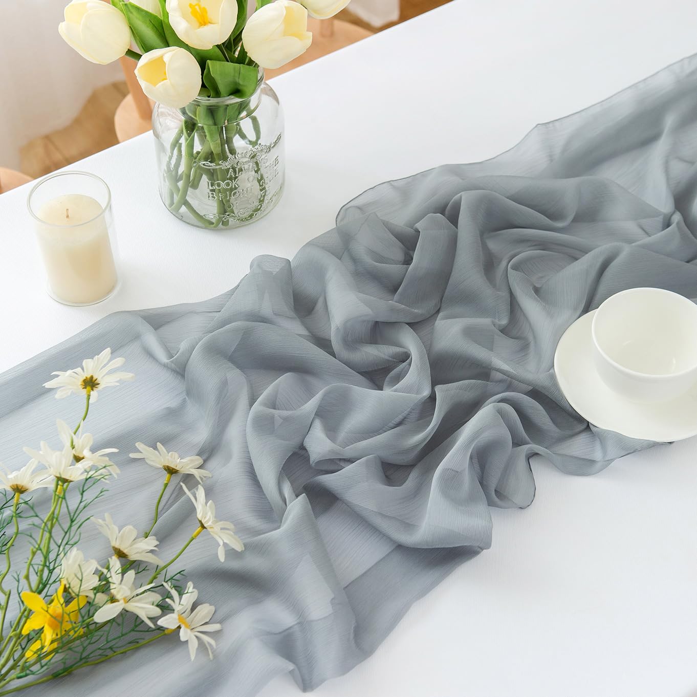 Chemin de table en mousseline de soie - Vert sauge - Décoration de table bohème - 70 cm x 3 m