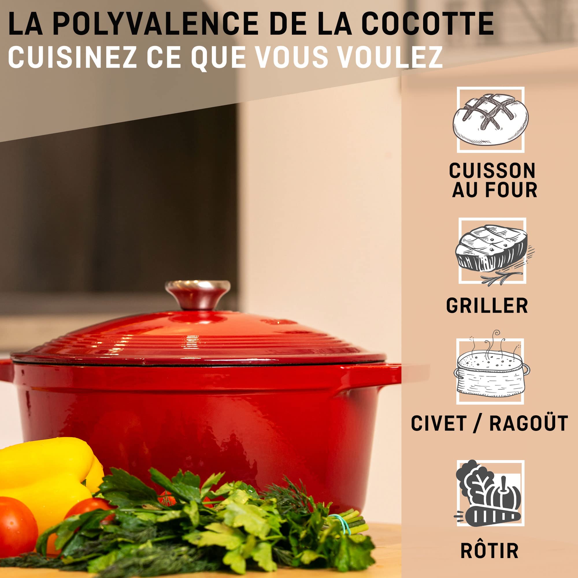 Cocotte Fonte Émaillée VeoHome Rouge 6L Ø28cm, Faitout Ultra Résistant,Marmite Compatible Induction/Gaz/Four, Cuisson Homogène, Saveurs Authentiques, Couvercle Relief