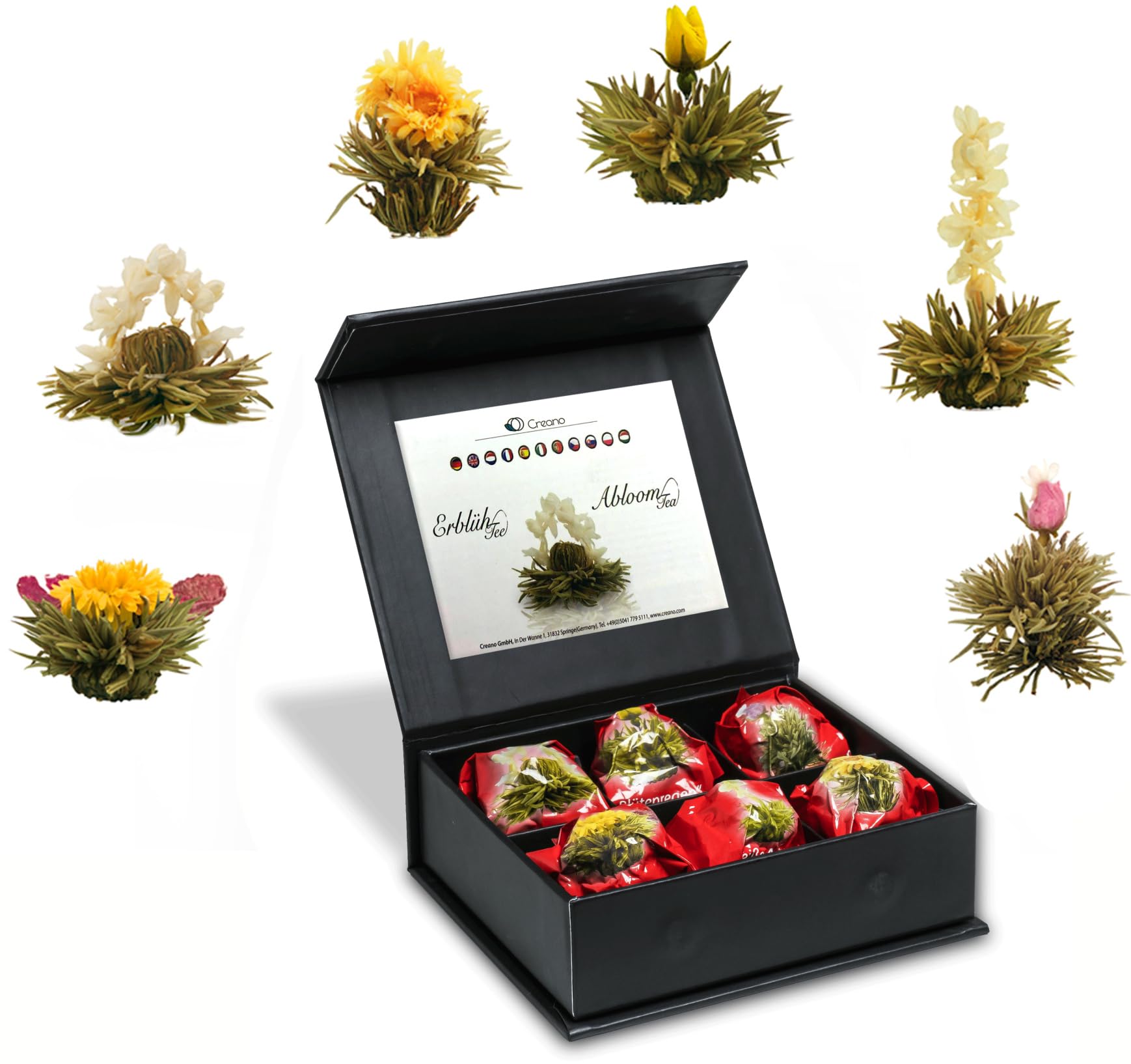 Creano Coffret Cadeau avec Fleurs de Thé dans Une Boîte Magnétique - Thé Blanc, Noir, Vert - 6 Fleurs de Thé avec 6 Sortes différentes