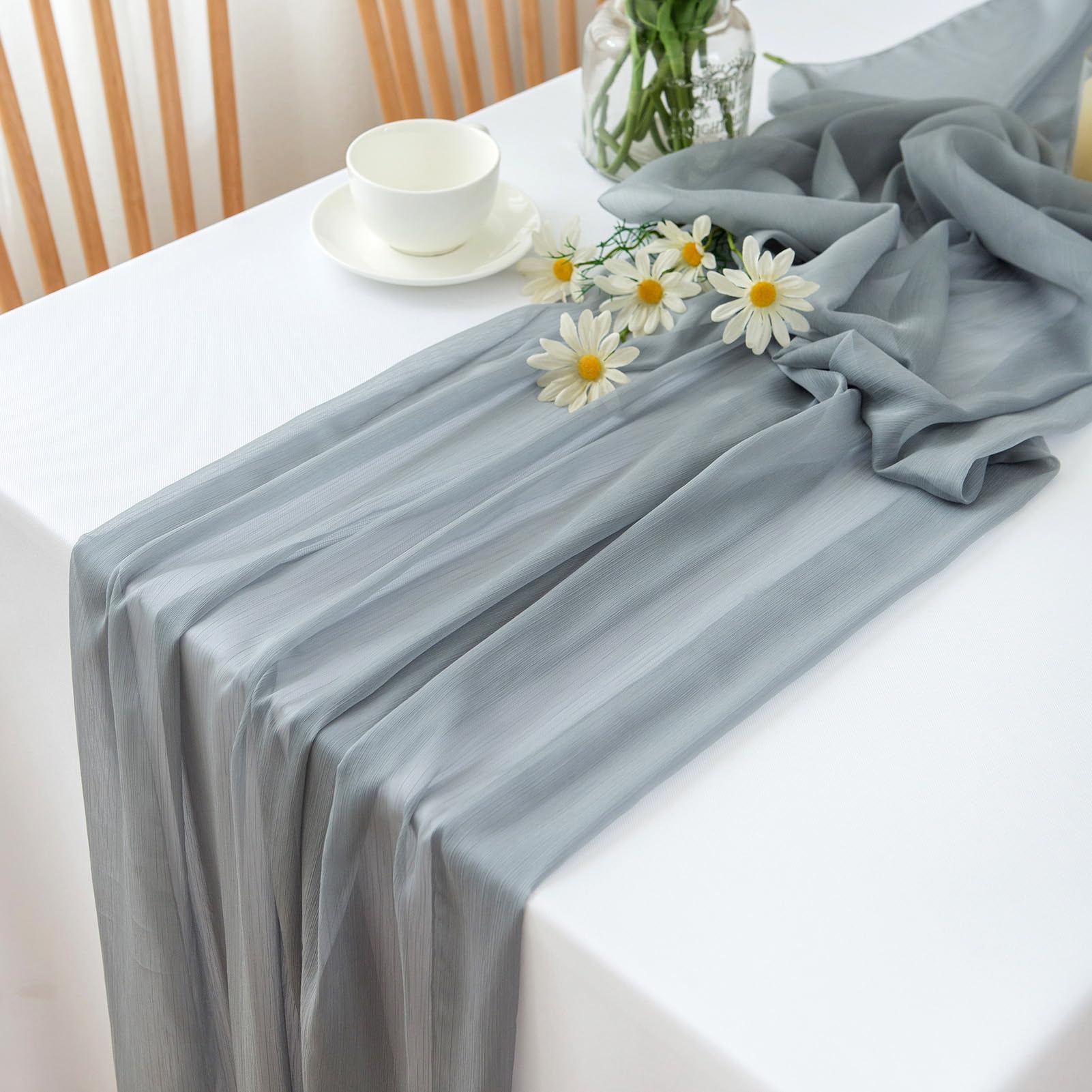 Chemin de table en mousseline de soie - Vert sauge - Décoration de table bohème - 70 cm x 3 m