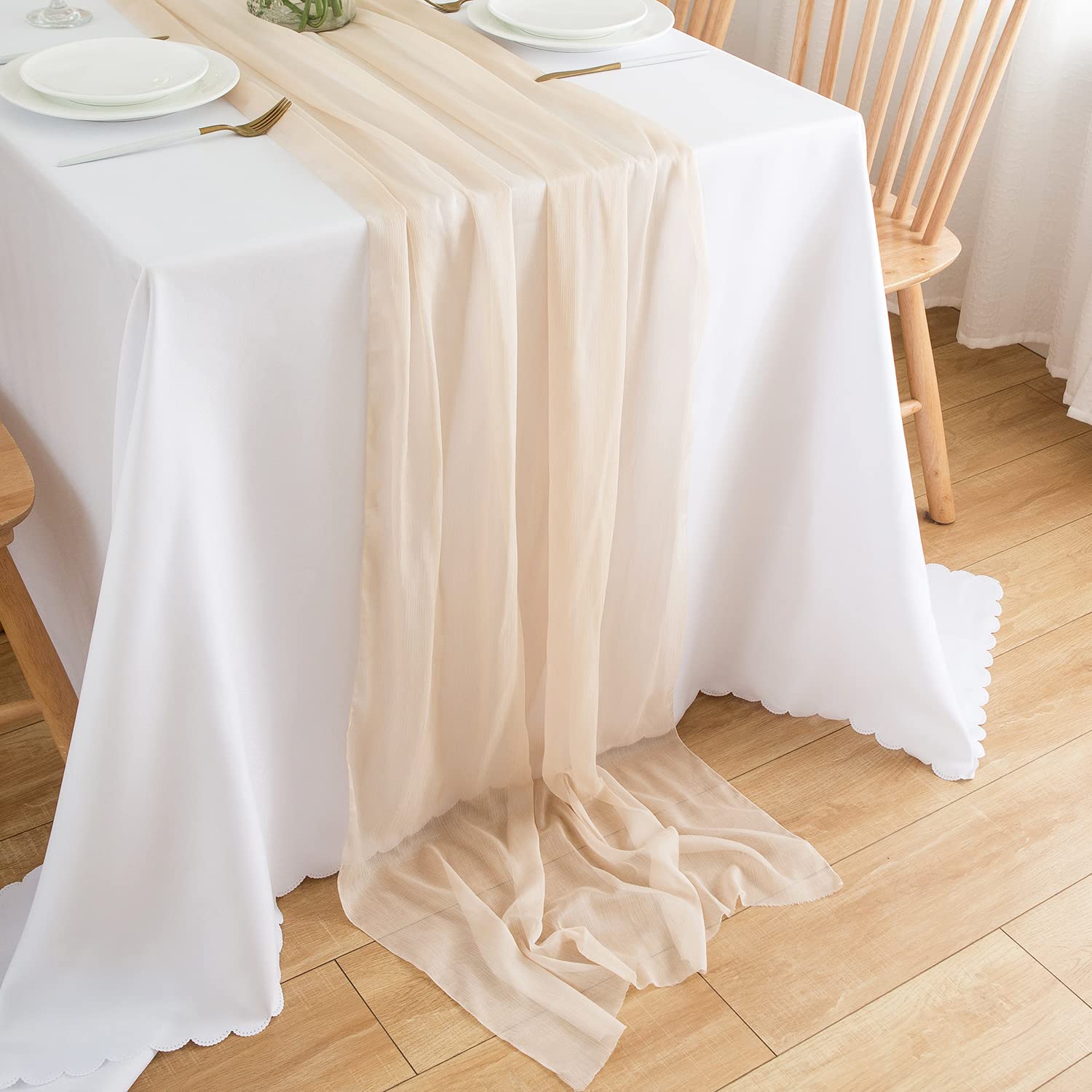 Chemin de table en mousseline de soie - Vert sauge - Décoration de table bohème - 70 cm x 3 m