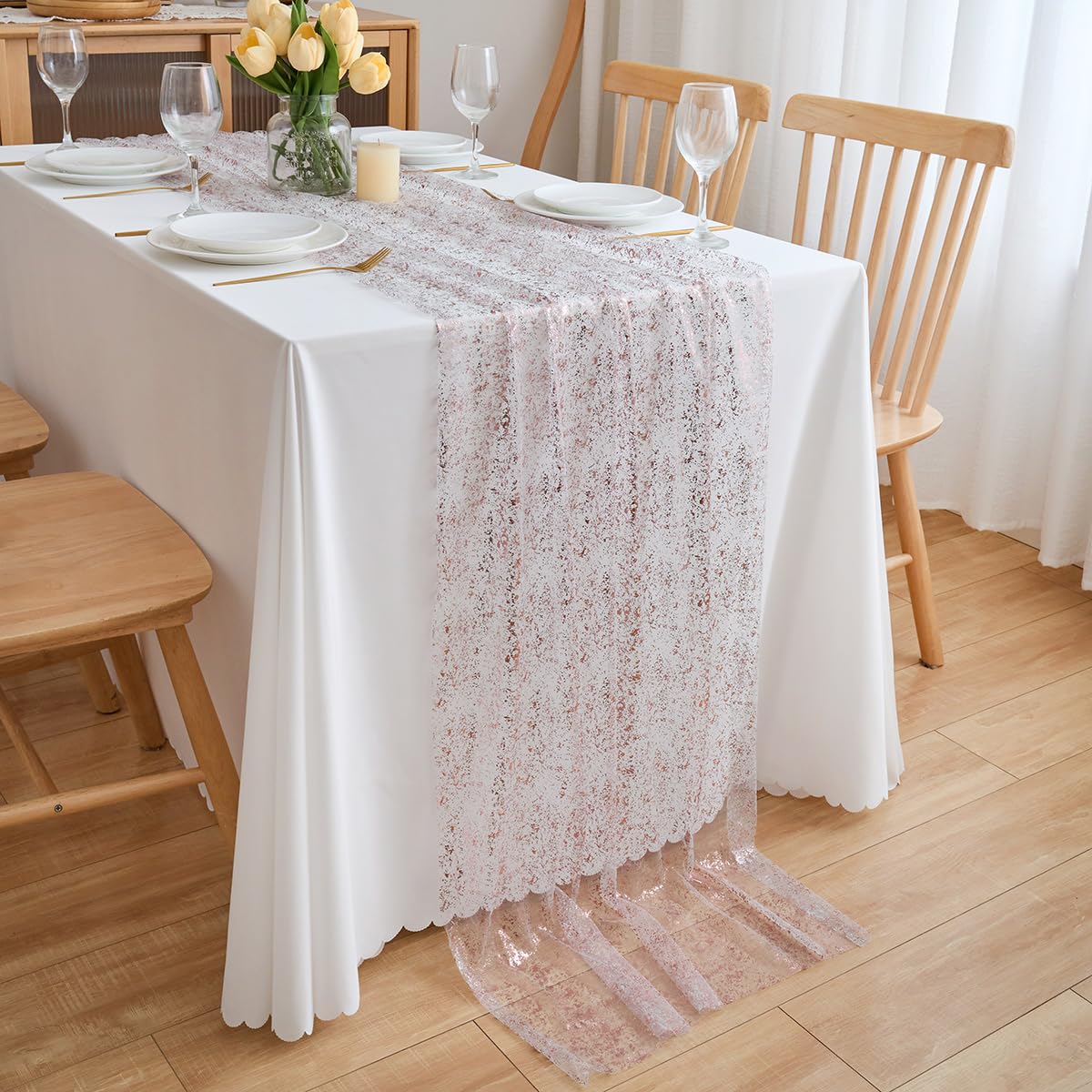 Chemin de table en mousseline de soie - Vert sauge - Décoration de table bohème - 70 cm x 3 m