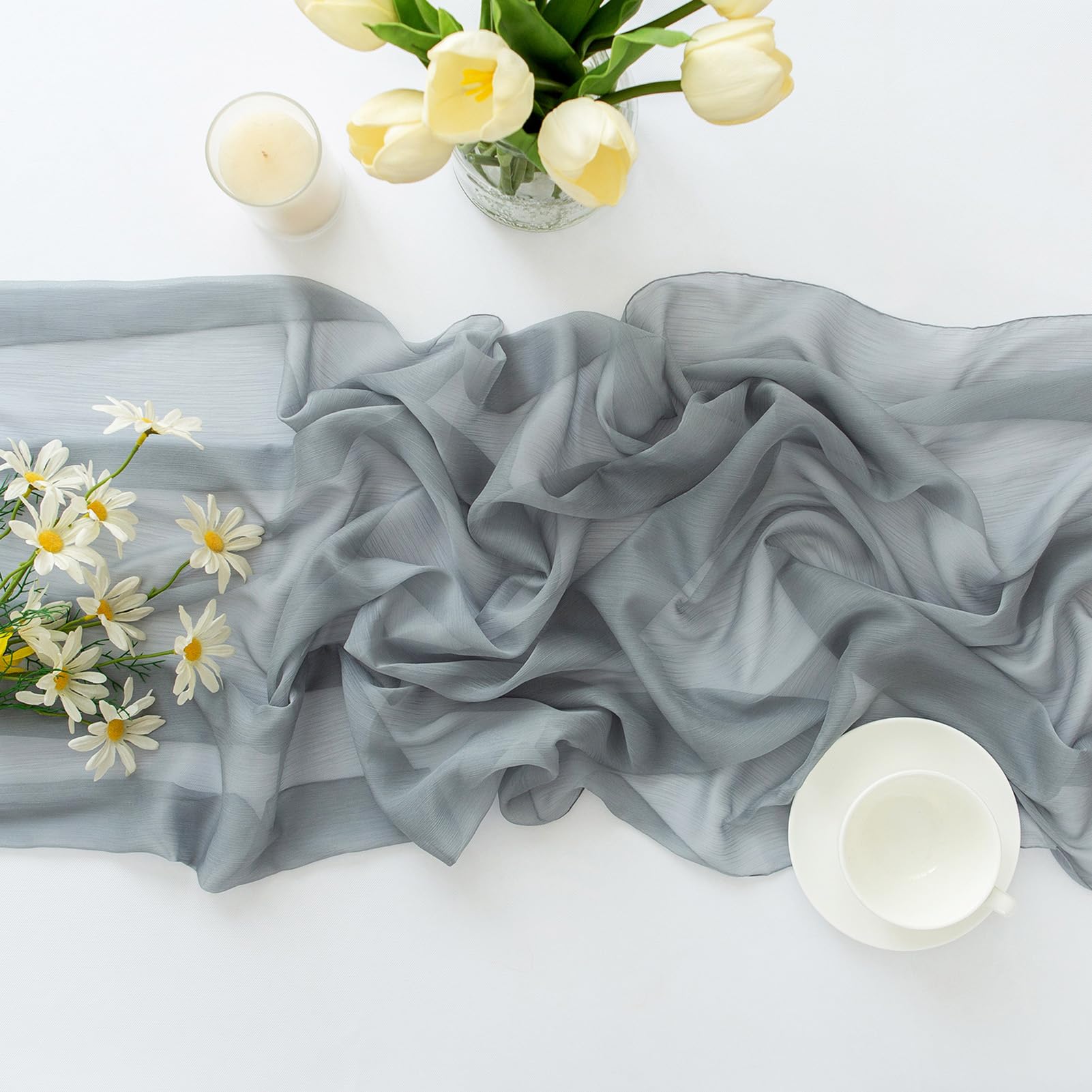 Chemin de table en mousseline de soie - Vert sauge - Décoration de table bohème - 70 cm x 3 m