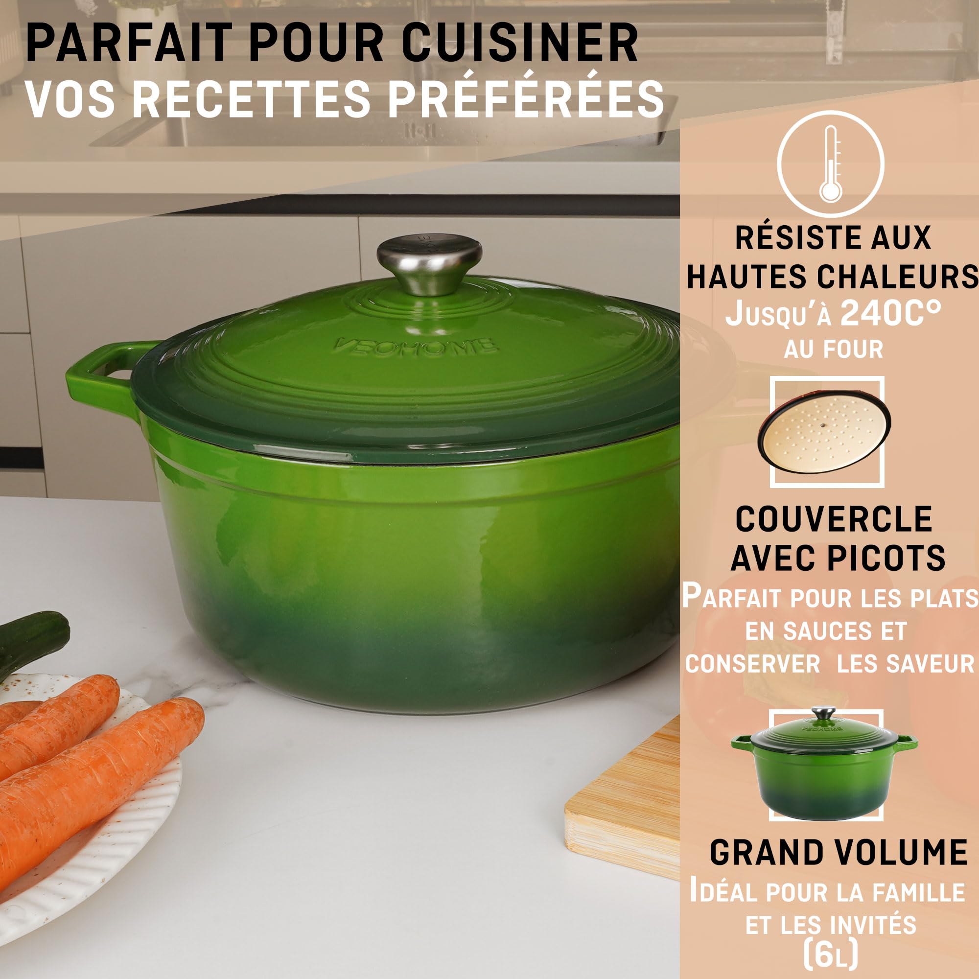 Cocotte Fonte Émaillée VeoHome Rouge 6L Ø28cm, Faitout Ultra Résistant,Marmite Compatible Induction/Gaz/Four, Cuisson Homogène, Saveurs Authentiques, Couvercle Relief