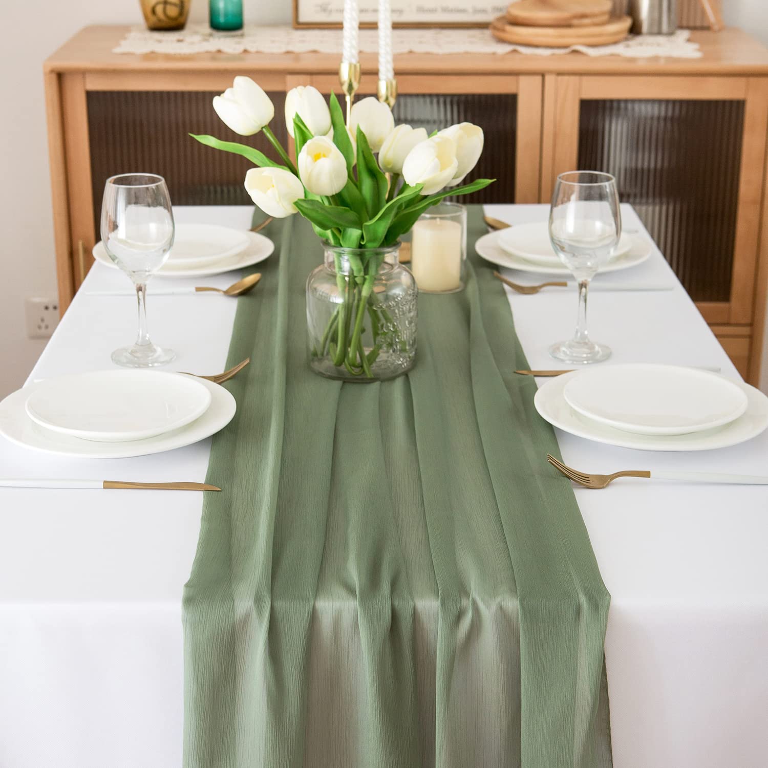 Chemin de table en mousseline de soie - Vert sauge - Décoration de table bohème - 70 cm x 3 m