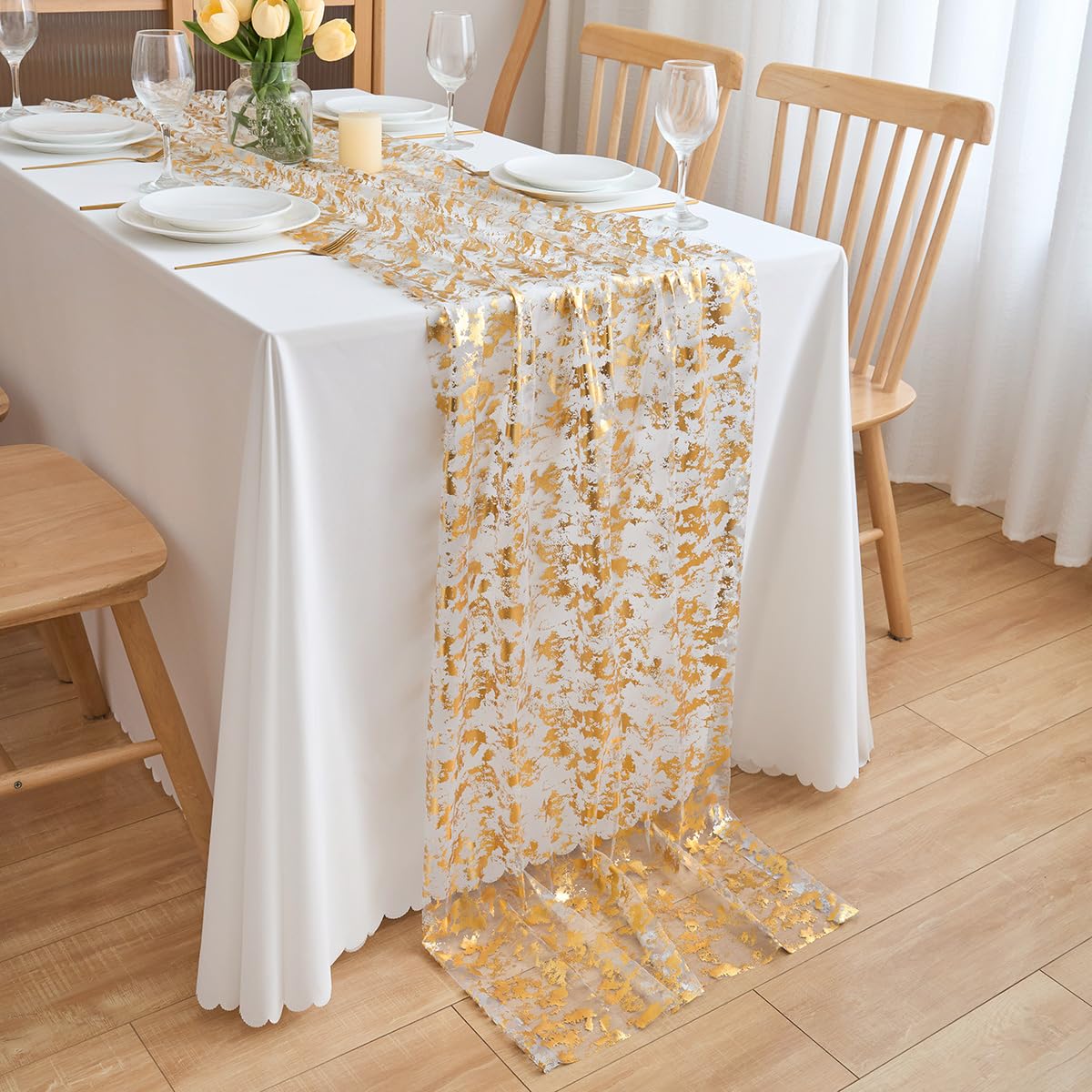 Chemin de table en mousseline de soie - Vert sauge - Décoration de table bohème - 70 cm x 3 m