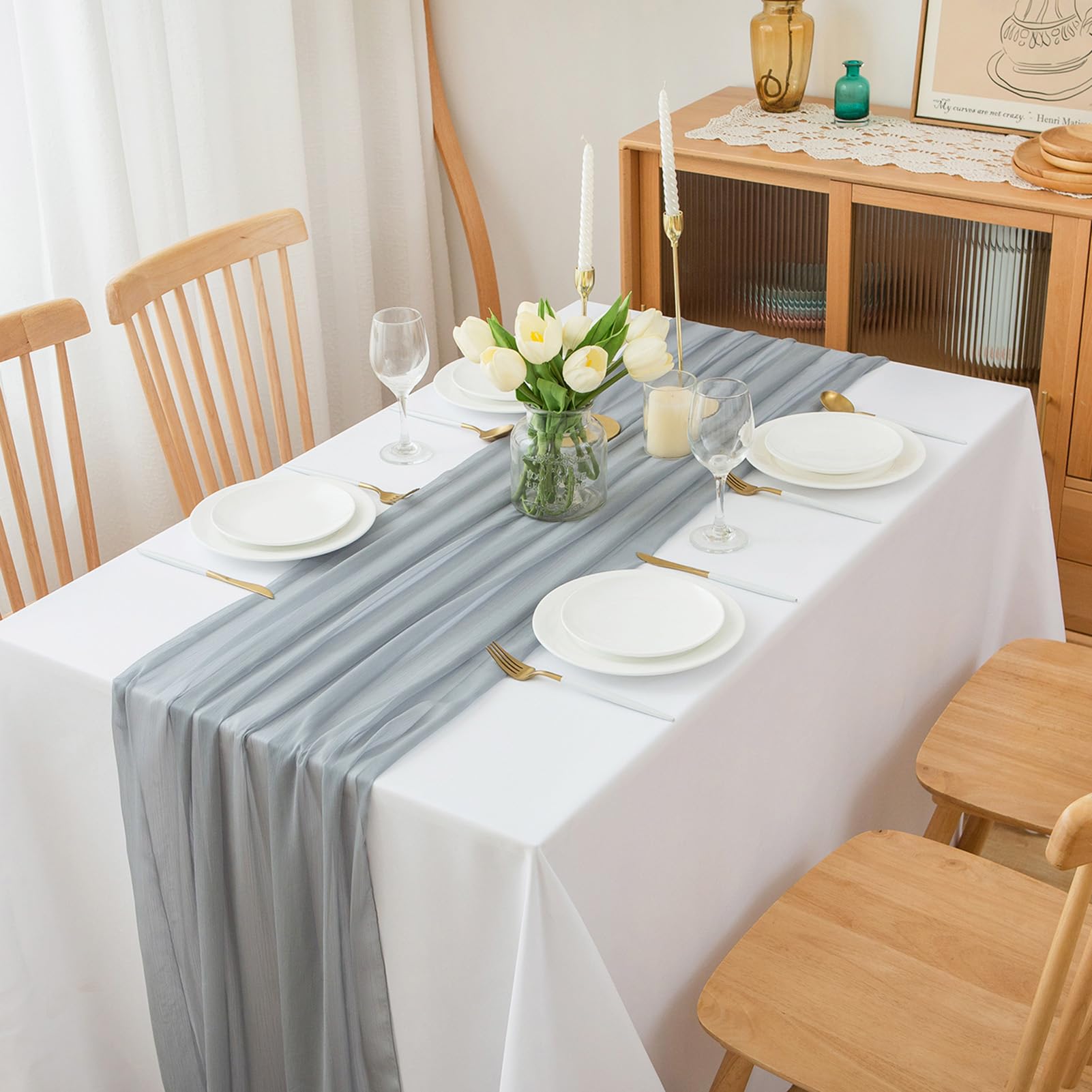 Chemin de table en mousseline de soie - Vert sauge - Décoration de table bohème - 70 cm x 3 m