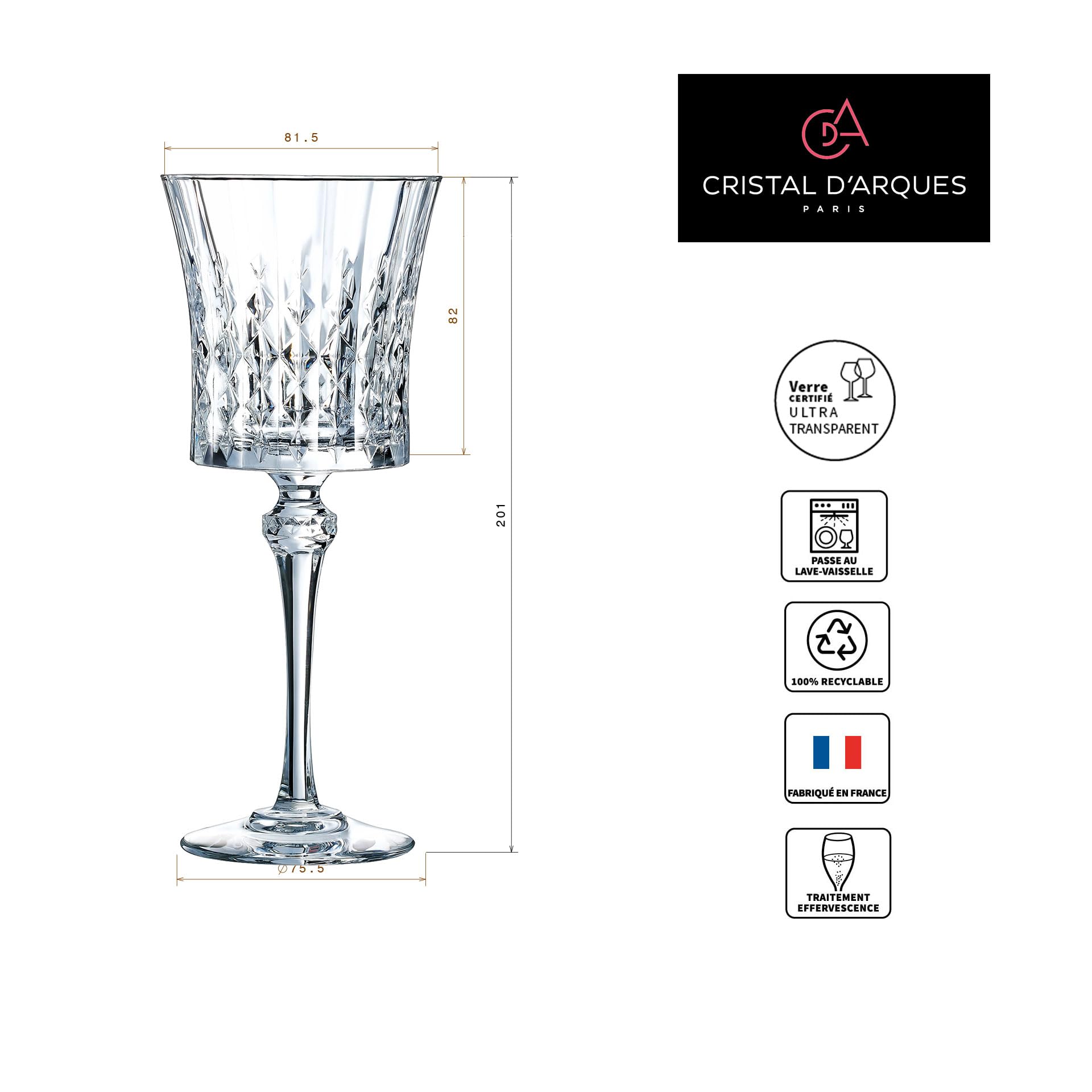 Cristal d'Arques Paris - Collection Lady Diamond - 6 Verres à pied 27 cl - Brillance, Transparence et Haute Résistance - Fabriqués en France - Emballage renforcé, adapté à la vente en ligne