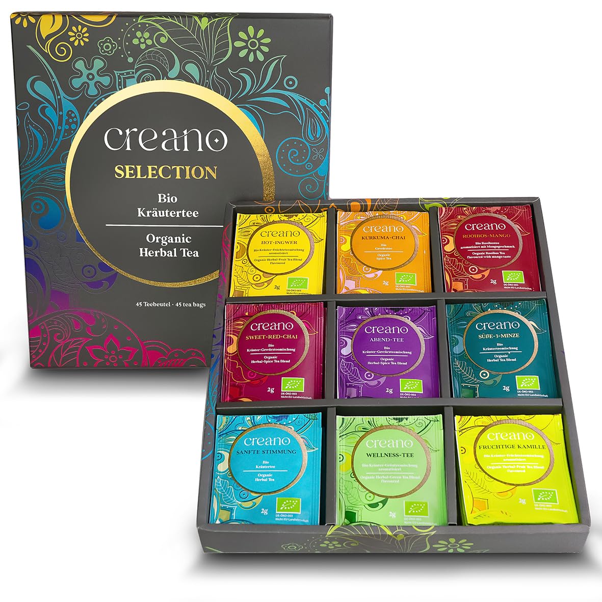 Creano Infusion aux fruits bio - Coffret cadeau - 27 sachets de thé bio en 9 variétés magnifiques - 54g*