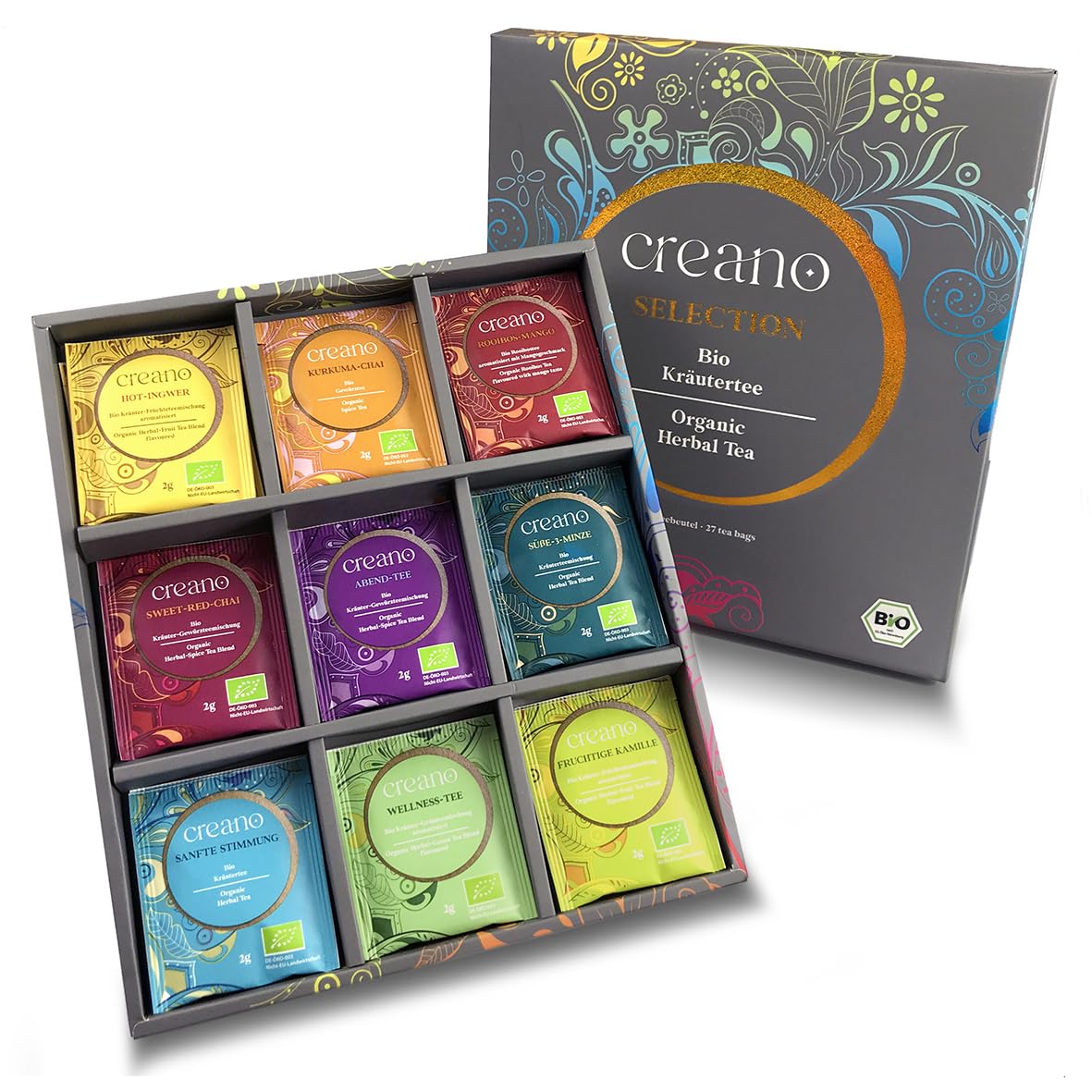 Creano Infusion aux fruits bio - Coffret cadeau - 27 sachets de thé bio en 9 variétés magnifiques - 54g*